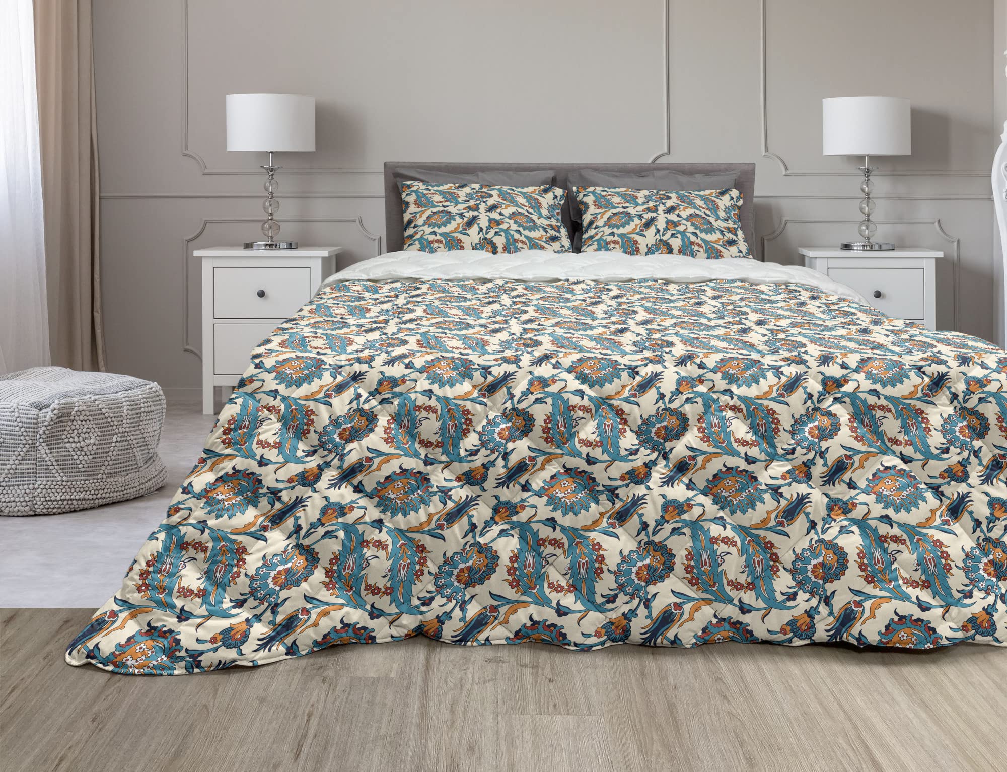 Lunarable Oriental Comforter Set 3-Piece Queen Size - Tulip Floral Ottoman Print Duvet Cover with Microfiber Filling - Champagne & Sea Blue - Perfect for Bedroom Decor, Guest Room, and Luxury Hotel Styling