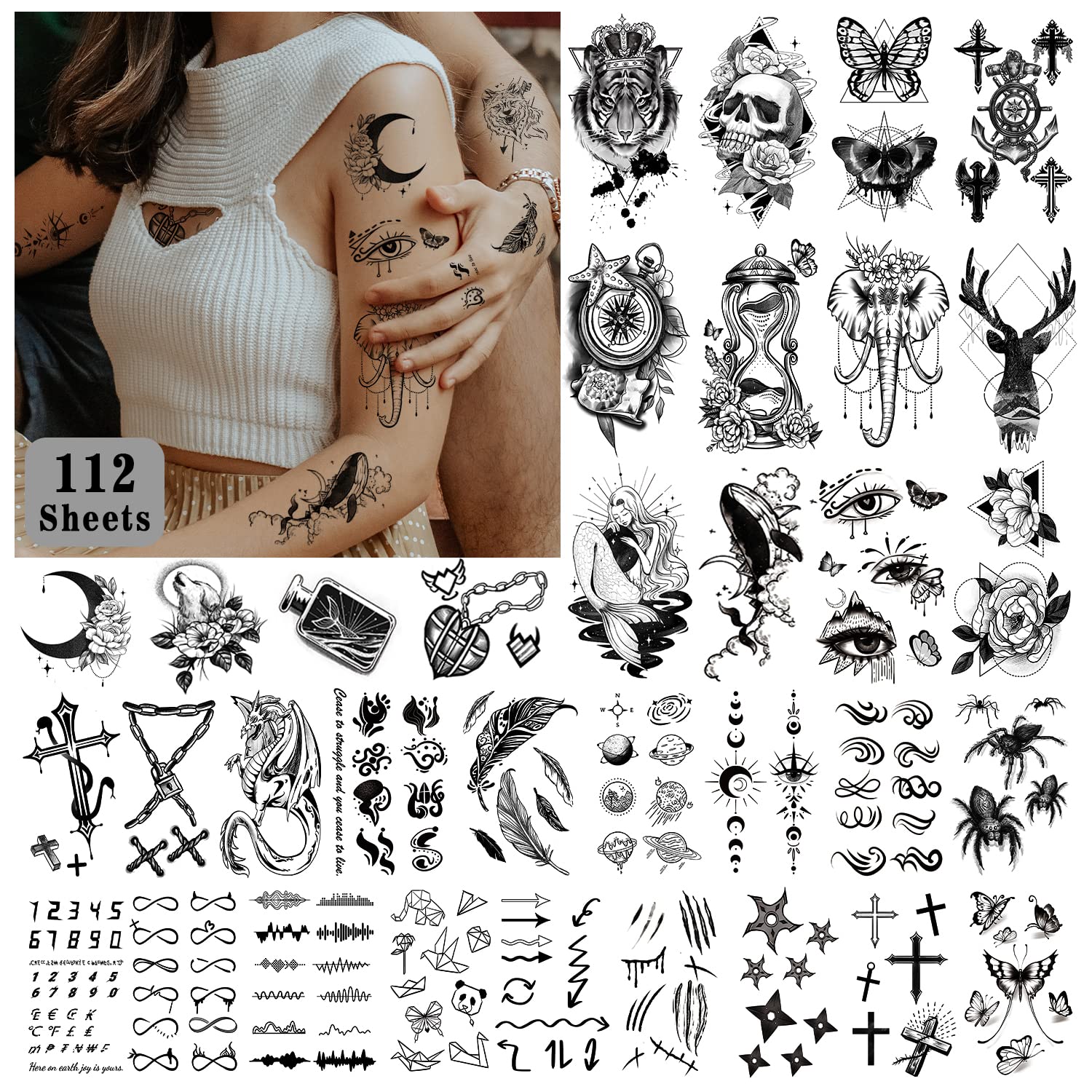 Acevegue 112 Sheets Temporary Tattoos for Women & Men - Realistic Fake Tattoo Stickers (Skeleton, Lion, Snake, Moon, Constellation, Flamingo, Flowers, Butterfly) | Semi-Permanent Body Art for Parties, Halloween, Cosplay & Festivals