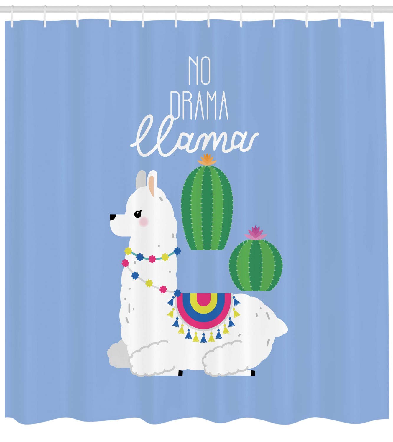 Ambesonne Funny No Drama Llama Shower Curtain with Cactus & Ethnic Animal Print - 105 Inch Extra Wide Fabric Bathroom Decor Set with Hooks in Pale Azure Blue & Multicolor | Perfect for Boho, Farmhouse & Kids' Bathroom Themes