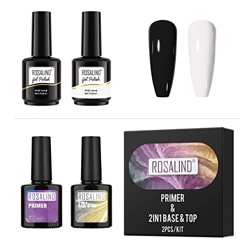 ROSALIND 2PCS Black & White Gel Nail Polish Set with Base & Top Coat - Long Lasting DIY Manicure Kit for Home & Salon Use