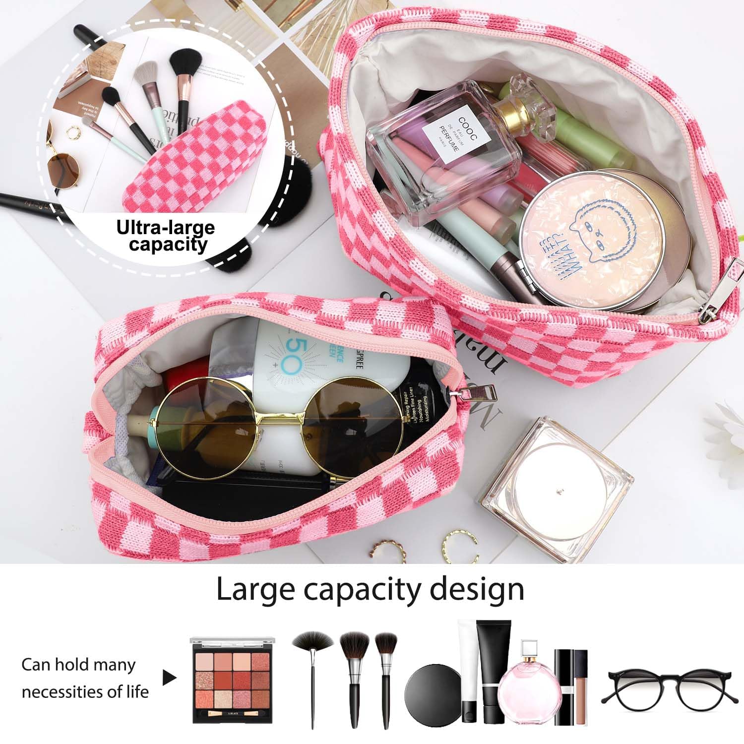 EIMMBD 3-Piece Large Capacity Checkered Makeup Bag Set - Waterproof Canvas Cosmetic Organizer for Travel, Toiletries & Beauty Essentials - Cute Rose Pattern Storage Pouch for Women | Perfect for Vacation, Gym, Daily Use & Gift Giving