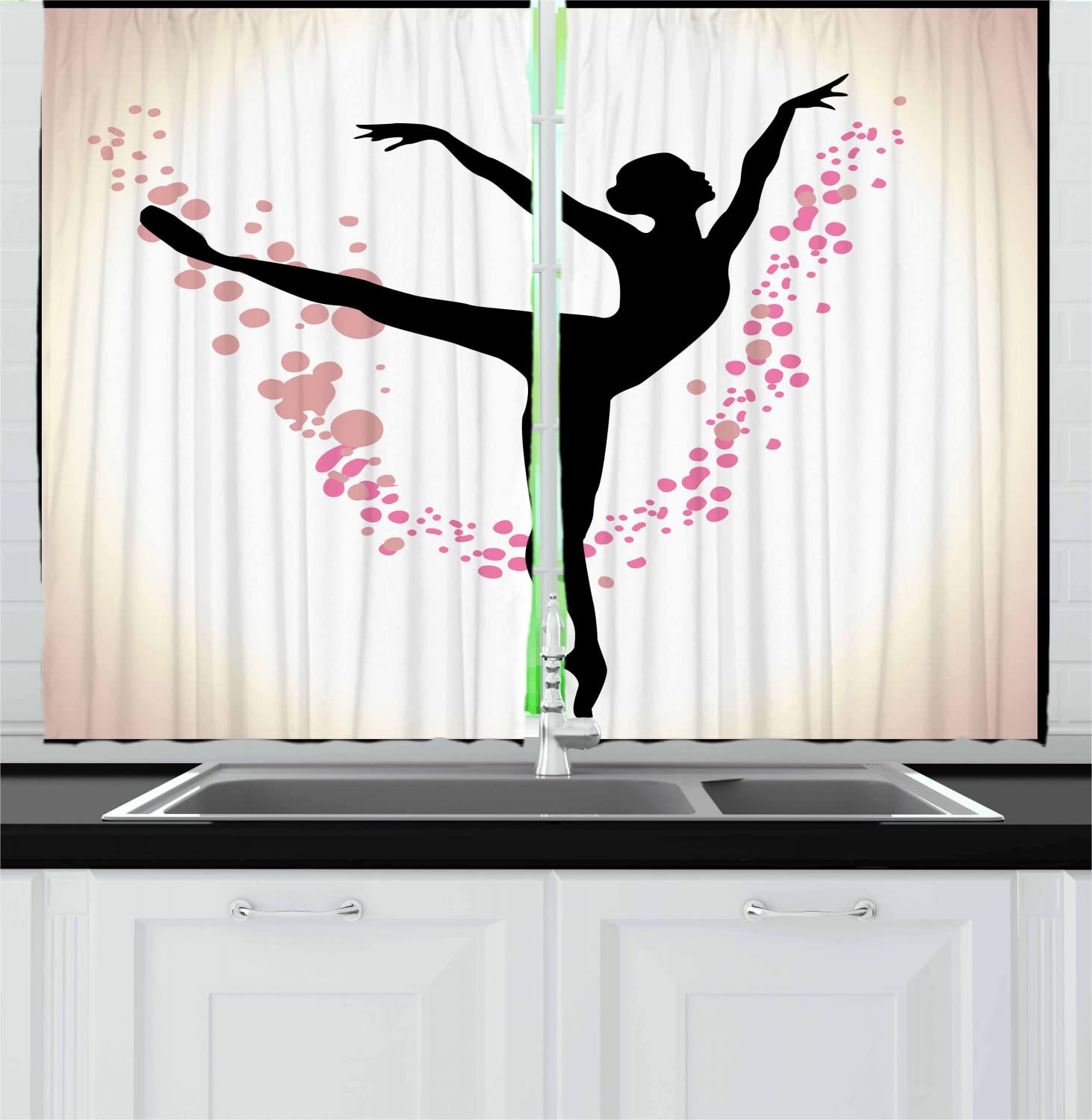 Ambesonne Ballet Long Kitchen Curtains - Elegant Silhouette of Woman Ballet Dancer with Artistic Brush Strokes, 2 Panel Rod Pocket Drapes for Living Room & Bedroom Decor, 55 x 45 Inches, Ivory Pink Coral Black - Perfect for Stage-Themed Home Theater & Dance Studio Aesthetics