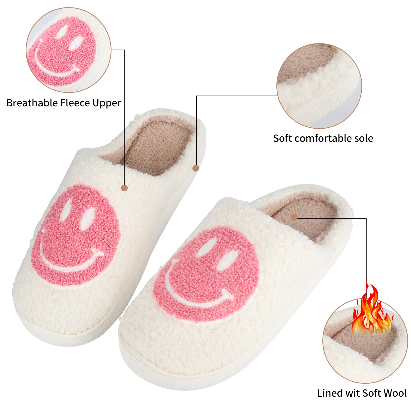 RaepperHan Smile Face Slippers for Women - Retro Soft Plush Lightweight House Shoes with Non-Slip Sole | Comfortable Indoor Outdoor Slippers for Home, Lounge, Gift Giving & Everyday Wear