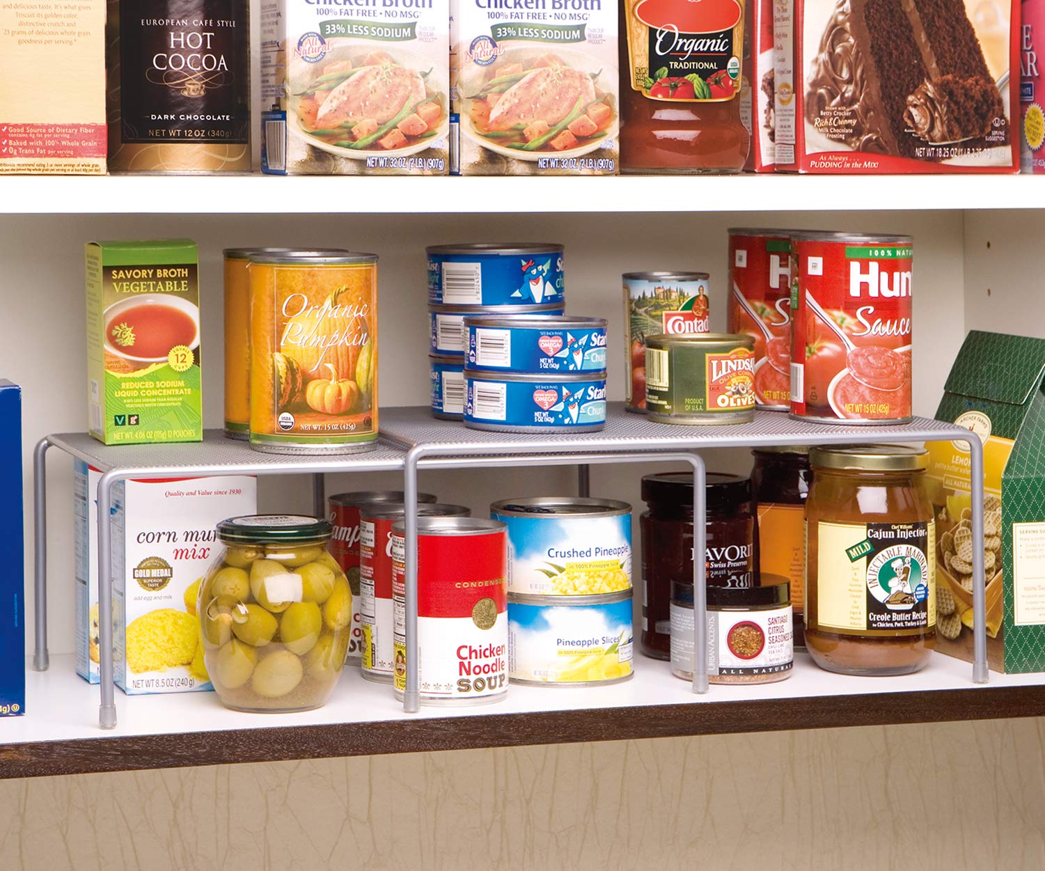 Seville Classics SHE14074 Expandable Kitchen Shelf Organizer - Adjustable 14-27.6 Inches, Gray - Space Saving Storage Rack for Spices, Utensils & Small Appliances - Perfect for Pantry, Countertop or Cabinet Organization
