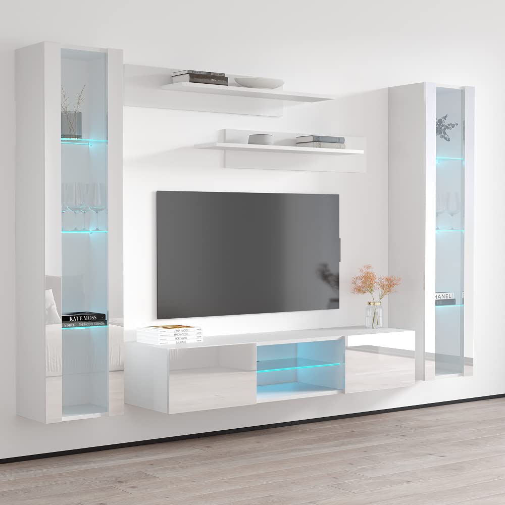 Modern Floating TV Stand with Storage & LED Lights - Wall-Mounted Entertainment Center Console for Bedroom & Living Room - White Meble Furniture Fly AB2 33TV Stand with Shelves - Perfect for Small Spaces, Apartments & Home Theater Setups