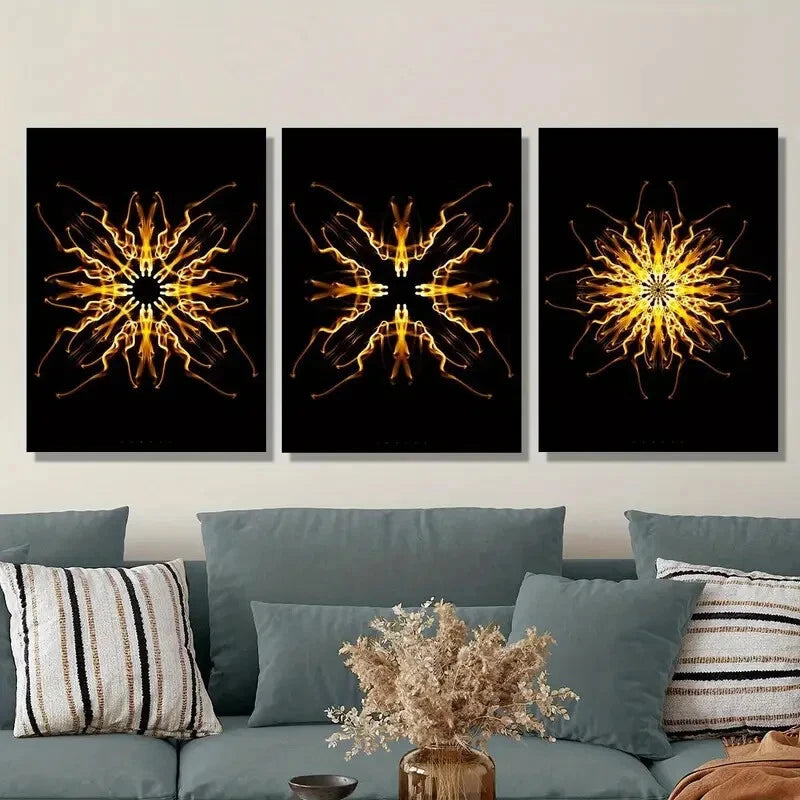 3pcs Abstract Psychedelic Golden Kaleidoscope Metal Wall Art Prints - Ready to Hang Modern Home Decor for Living Room, Bedroom & Office
