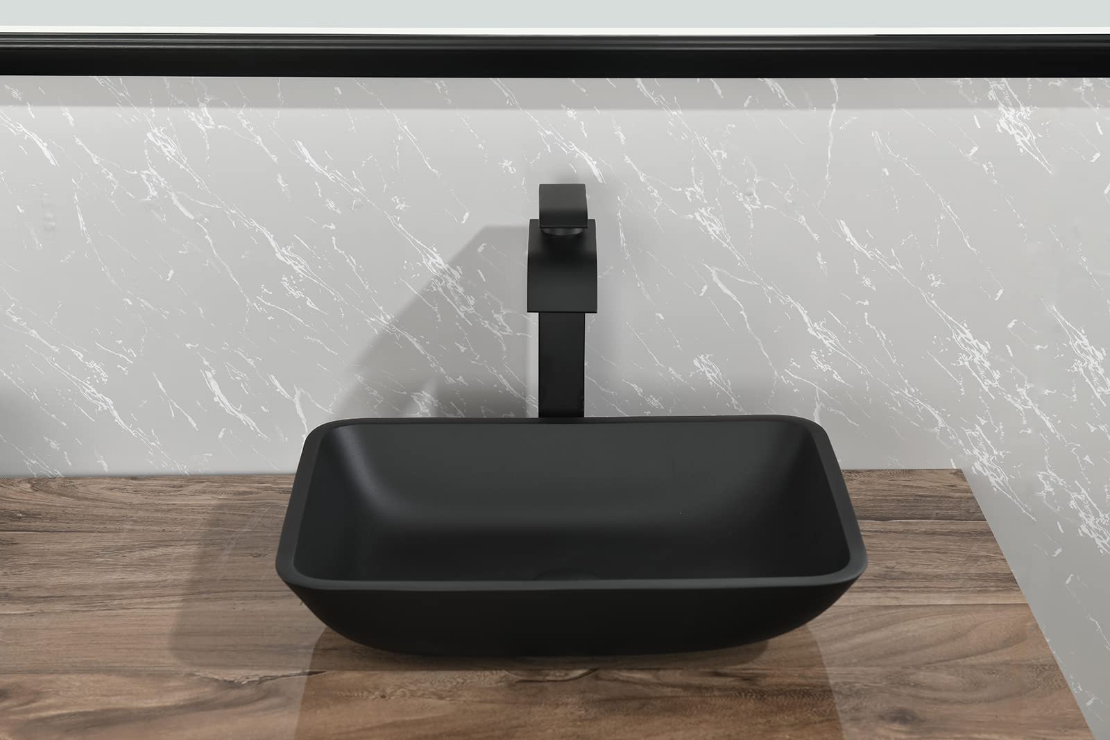 13x18.13 Inch Matte Black Rectangular Glass Vessel Bathroom Sink with Matte Black Faucet & Pop-Up Drain - Modern Above Counter Basin for Powder Room, Guest Bath or Master Bath Vanity