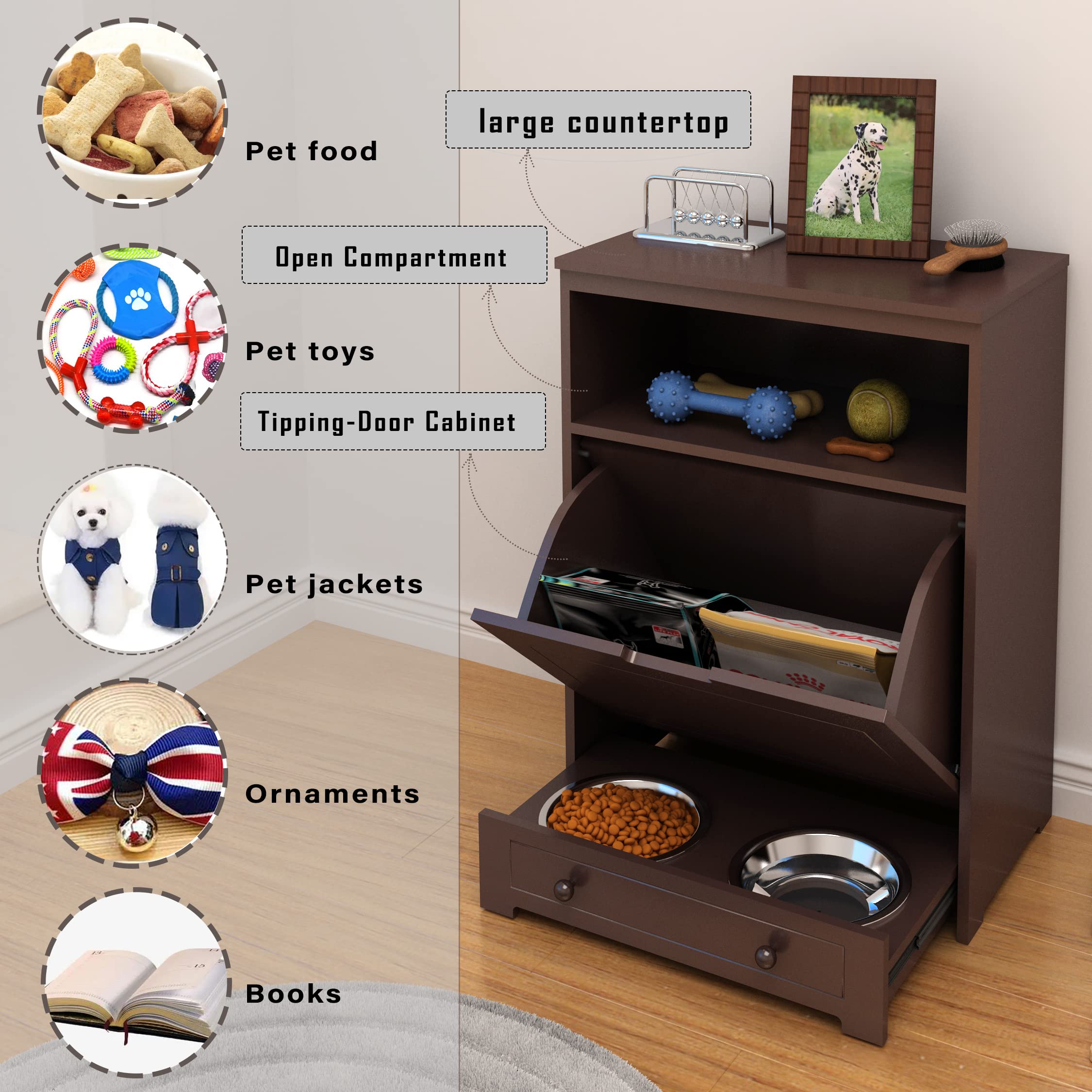 Premium Dog Food Storage Cabinet with 2 Stainless Steel Bowls - Pet Feeding Station & Toy Organizer for Dogs and Cats - Space-Saving Brown Furniture for Kitchen or Laundry Room
