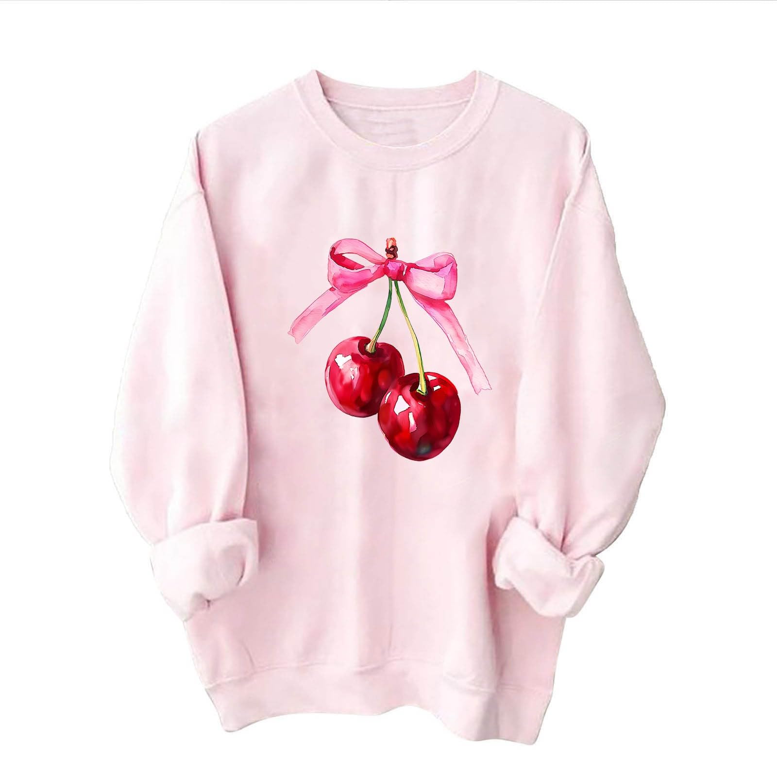 Women's Akklian Cute Cherry Bow Print Oversized Sweatshirt - Kawaii Long Sleeve Pullover for Teen Girls, Preppy Pink Loose Fit, Perfect for Casual Outings and Cozy Days