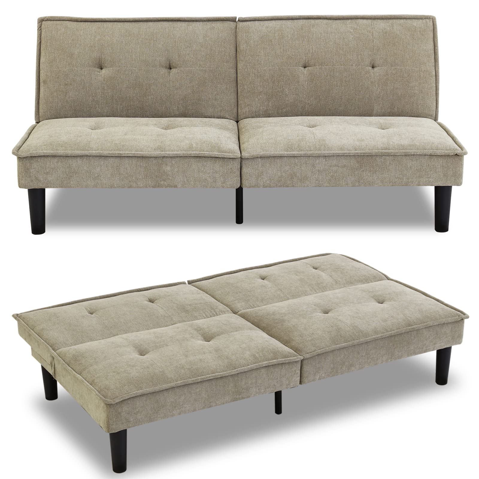 MUUEGM Convertible Futon Sofa Bed with Memory Foam - Modern Folding Sleeper Couch, Armless Daybed & Recliner w/Adjustable Backrest - Compact Living Room Furniture for Small Spaces, Apartments & Dorms (Khaki) | Perfect for Guest Beds, Studio Apartments & Cozy Lounging