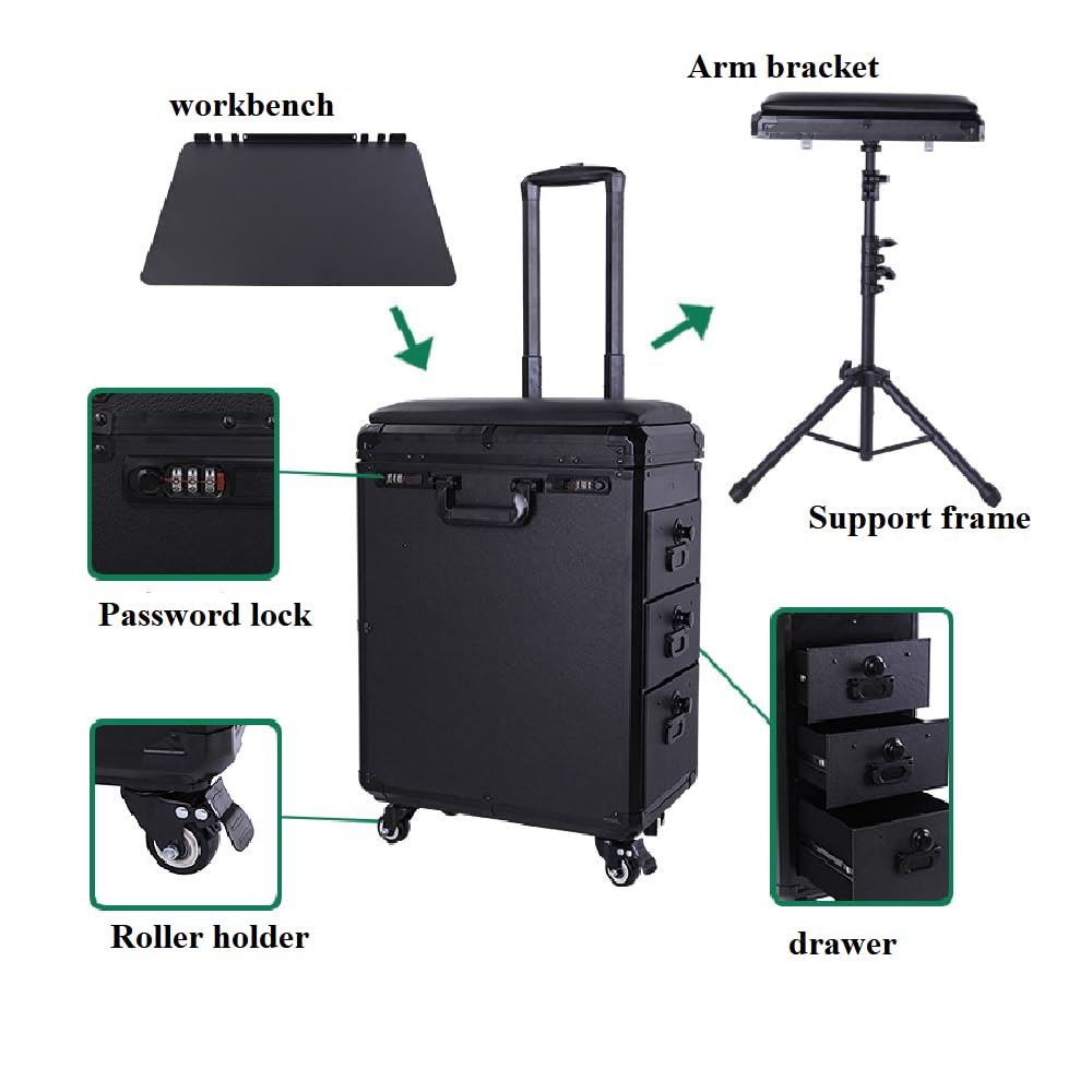Professional Rolling Makeup Case with Tattoo Armrest Stand - 4 Universal Wheels & Combination Lock - Portable Cosmetic Organizer for Makeup Artists (Metal Panel) | Ideal for Salon, Tattoo Studio & Mobile Beauty Services