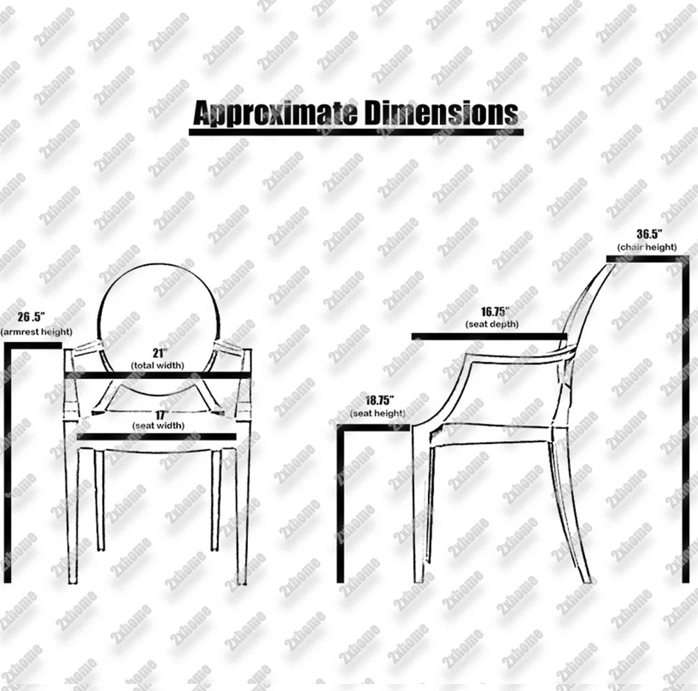 2xhome Set of 6 Modern Glam Designer Louis Ghost Armchairs - Clear Polycarbonate Transparent Plastic Dining Chairs with Back Support, No Wheels - Perfect for Office, Dining Room, Hotel, and Stackable Storage