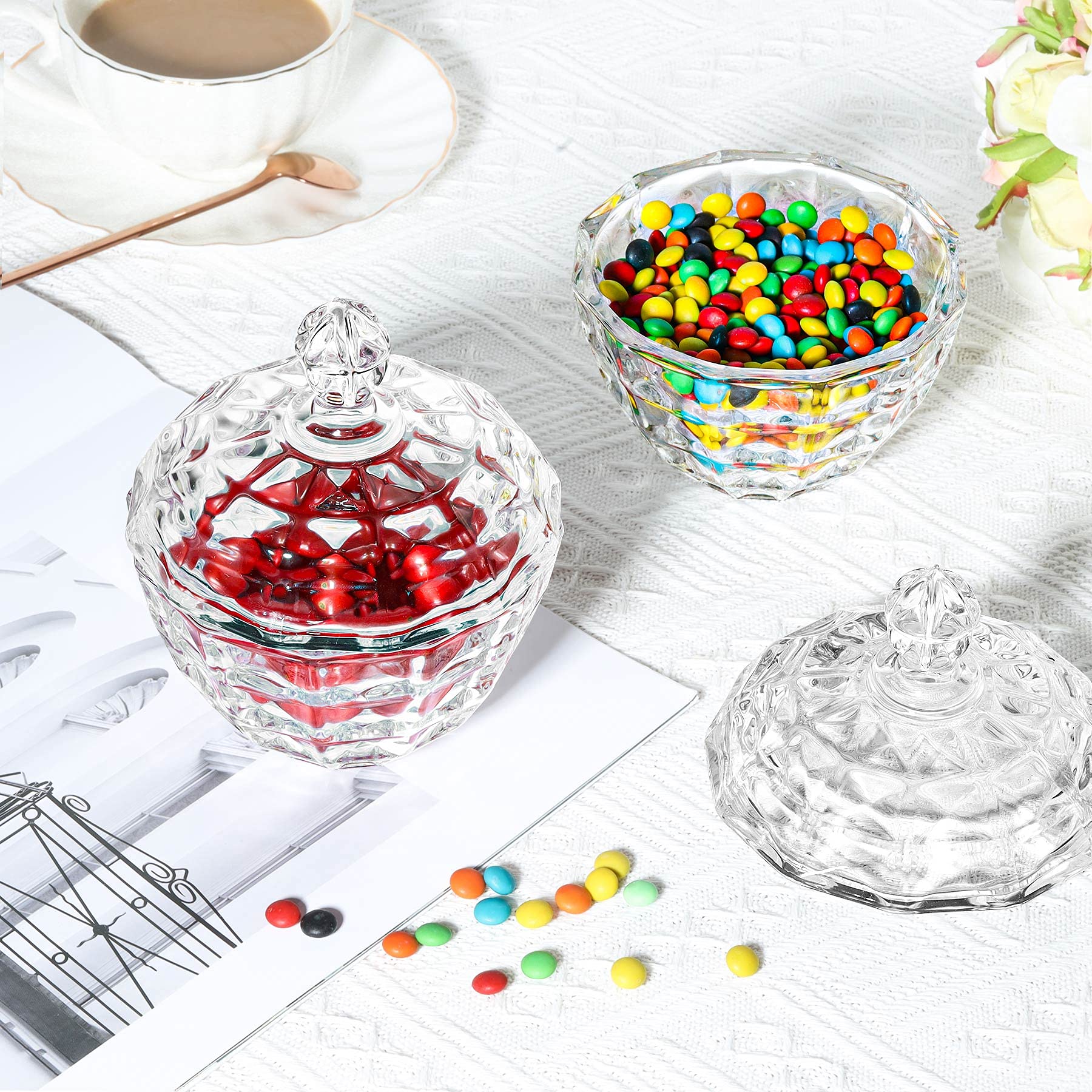 ComSaf 3-Piece Glass Candy Dish Set with Lid - Decorative Crystal Candy Jar for Home, Office, Desk | Perfect for Parties, Weddings & Gift Giving