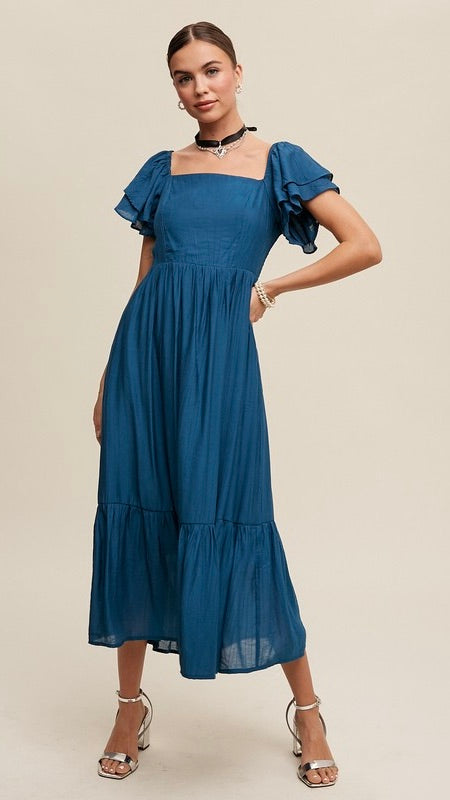 Gabriela Women's Square Neck Ruffle Sleeve Teal Dress - Elegant Summer Cocktail Party & Wedding Guest Outfit