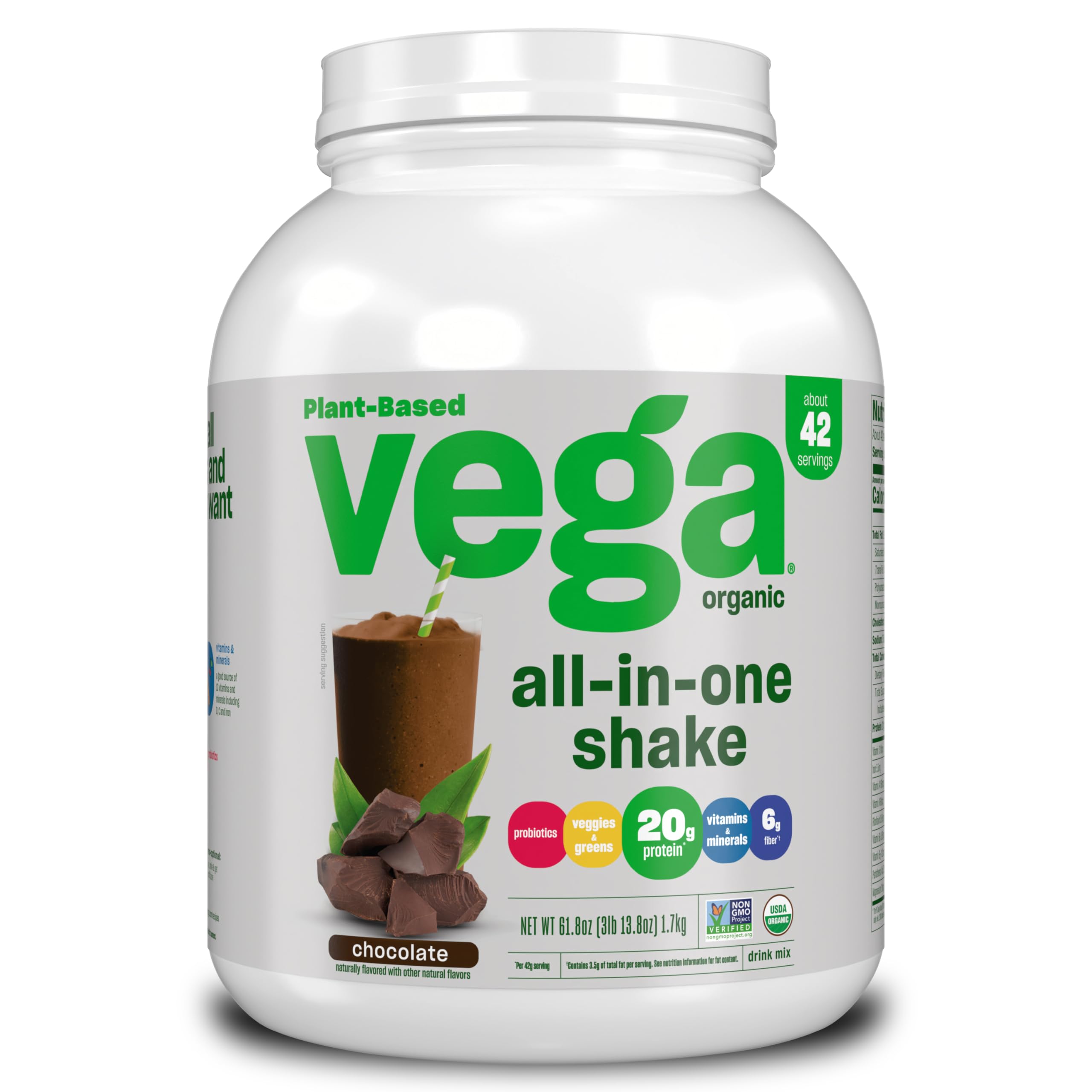 Vega Organic Vegan Protein Powder - Chocolate Flavor | All-in-One Superfood with Pea Protein, Vitamins for Immunity | Keto Friendly, Gluten Free | 61.8 Oz for Men & Women | Perfect for Post-Workout Recovery & Healthy Smoothies