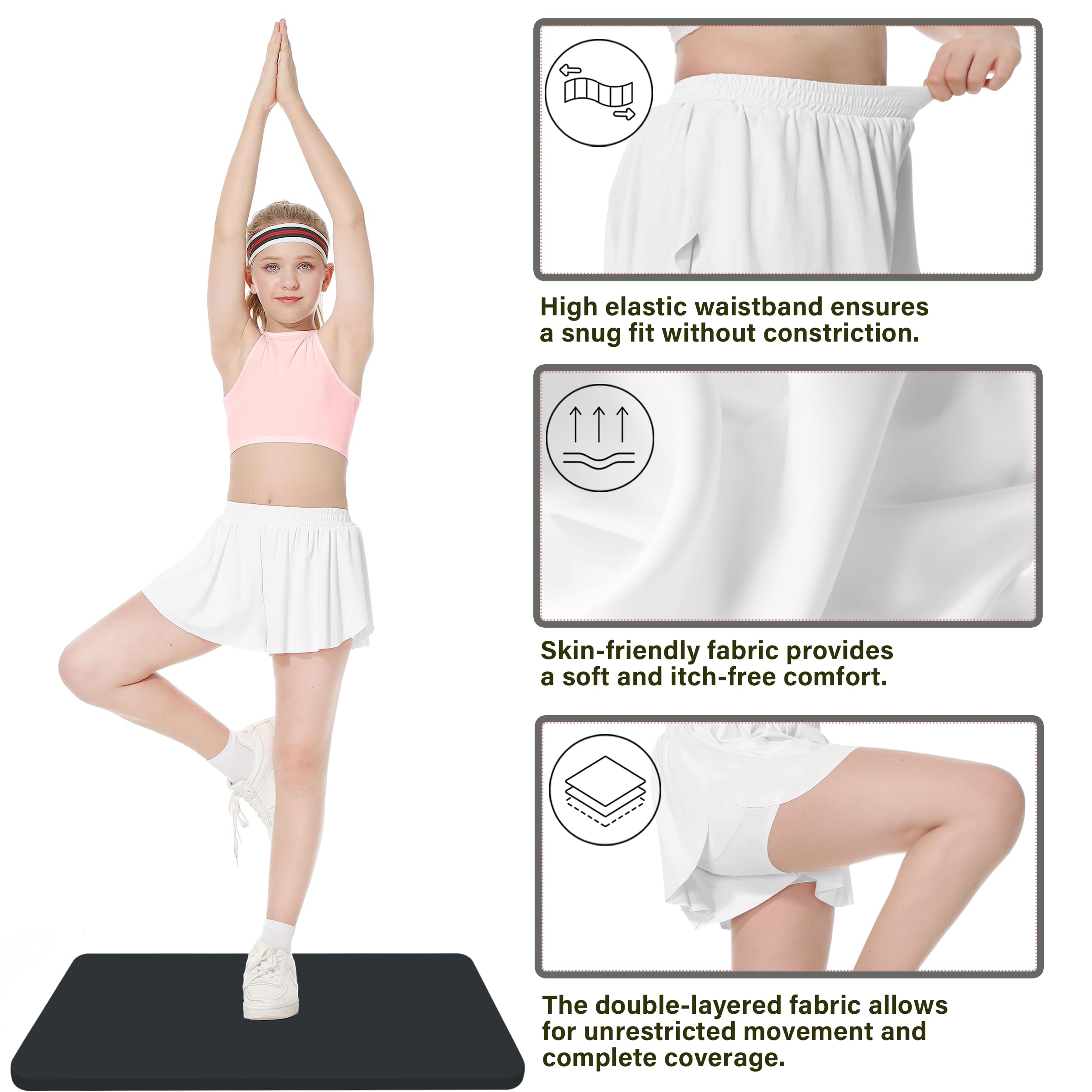 Girls' Athletic Flowy Butterfly Shorts - 2-in-1 Skorts for Tennis, Golf, Cheerleading & Running | Comfortable Preppy Sports Wear for Active Kids | Perfect for Practice, Gym Class & Outdoor Play