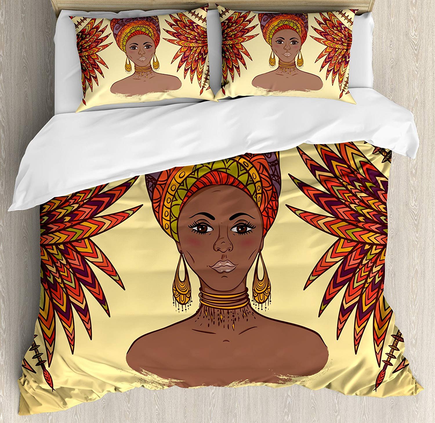 3 Piece African Queen Size Bedding Set - Ethnic Woman in Traditional Turban with Palm Trees Cultural Folk Art Duvet Cover + 2 Pillow Shams | Soft & Comfortable Bed Sheets for Home Decor, Guest Room & Cultural Themed Bedrooms