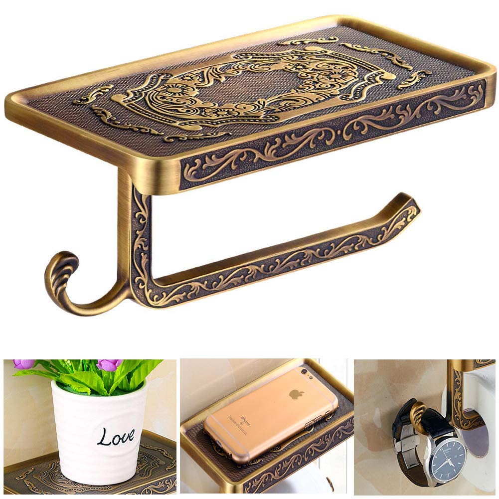 Fredysu Bronze Toilet Paper Holder - Antique Brass Wall Mounted Bathroom Tissue Holder with Shelf & Hook | Vintage Style Bathroom Accessory for Home, Hotel & Restroom Decor