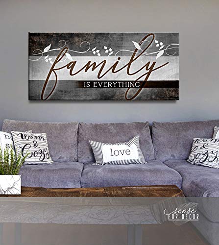 Family Is Everything Sign - Framed Wall Art Decor for Farmhouse, Living Room, Housewarming Gifts - Large Canvas Print (42x19 Inch, Brown) - Perfect for Home Decor & Family Room Wall Art