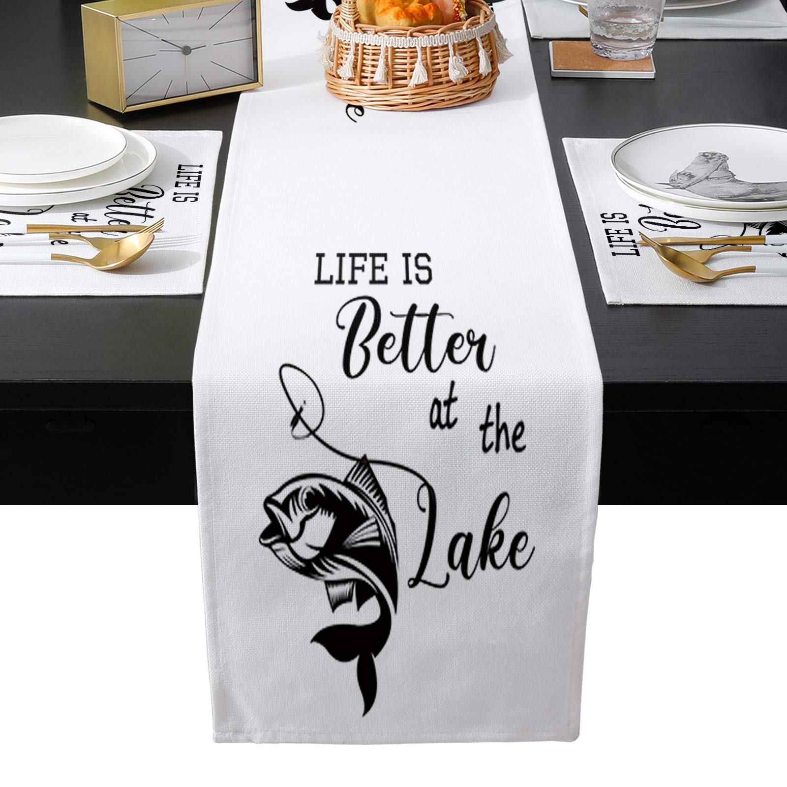 EZON-CH Farmhouse Table Runner and Placemat Set - 6-Piece Rustic Table Mats with Fishing Hook Design, 