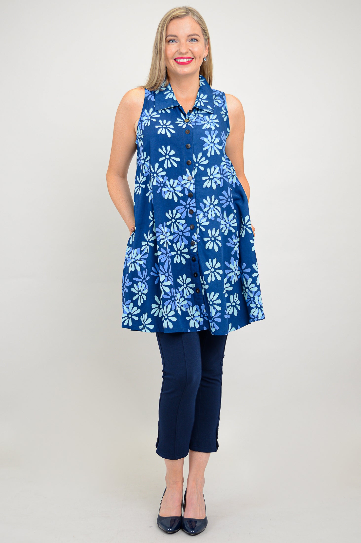 Cissy Tank Top for Women - Daisy Cobalt Blue Floral Print Summer Casual Shirt | Perfect for Beach Outings, Yoga, and Everyday Wear