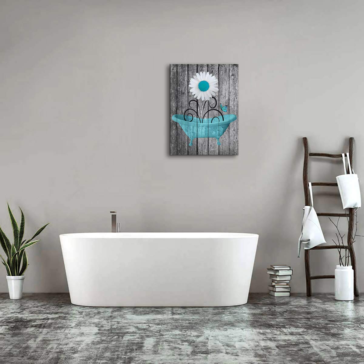 Modern Daisy Canvas Wall Art - Rustic Wood Background Flower Bathroom Decor - 12x16 Inch Framed Ready to Hang Blue Painting for Bedroom, Living Room & Office - Perfect for Spa-Like Bathroom Makeover & Cozy Home Decoration