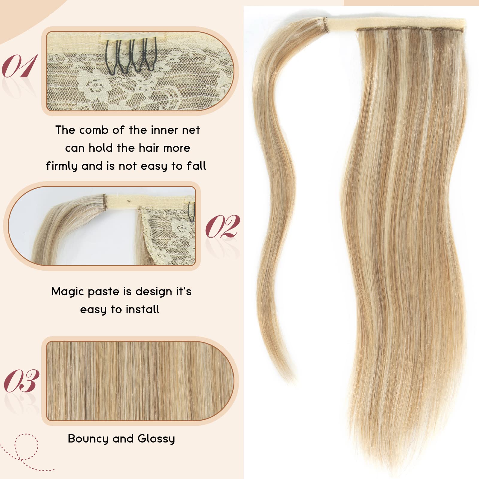 Tinashe 100% Remy Human Hair Ponytail Extension - 22inch Long Straight Clip-in Wrap Around Ponytail with Magic Paste for Women (Highlight #16/613) - Perfect for Parties, Weddings & Everyday Styling