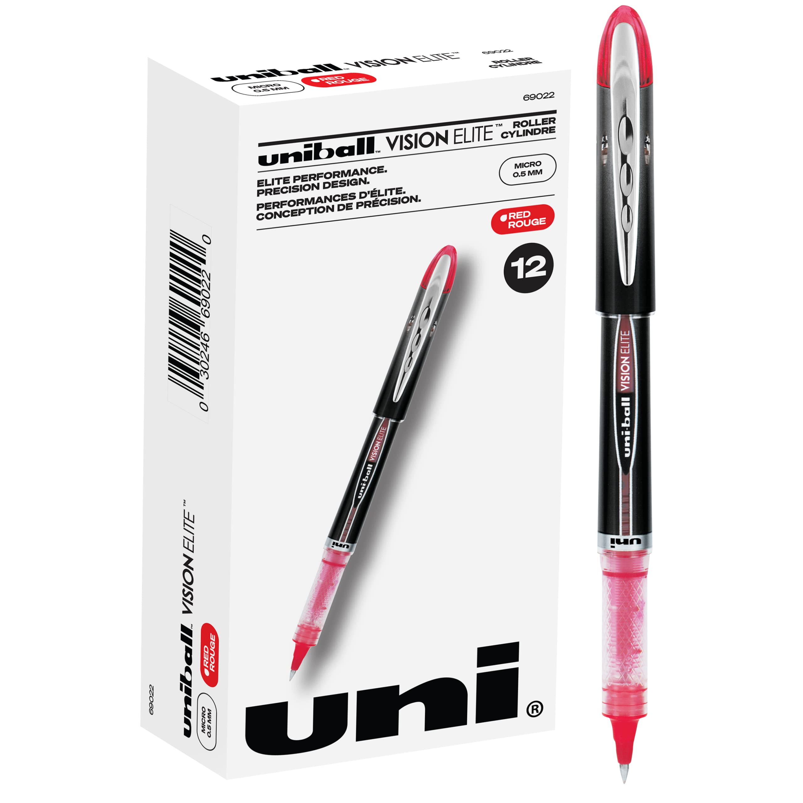 Uni-ball Vision Elite Roller Ball Pen - 0.5mm Extra Fine Point - Red Ink with Black/Red Barrel - Smooth Writing for Office, School & Journaling
