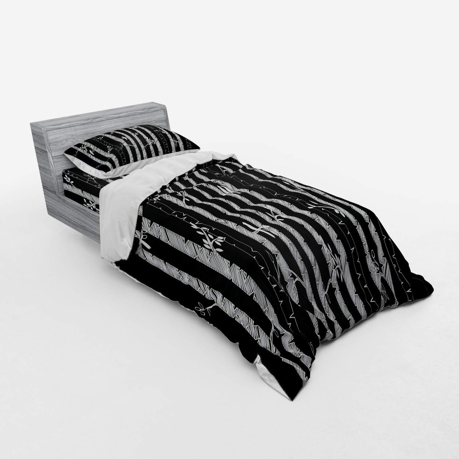 Ambesonne Black and White Duvet Cover Set - Sketch Style Jungle with Tree Trunks & Birds Autumn Nature Doodle - 3 Piece Bedding Set with Pillow Sham & Fitted Sheet - Twin XL Size - Perfect for Kids Rooms, Guest Bedrooms & Nature-Themed Decor