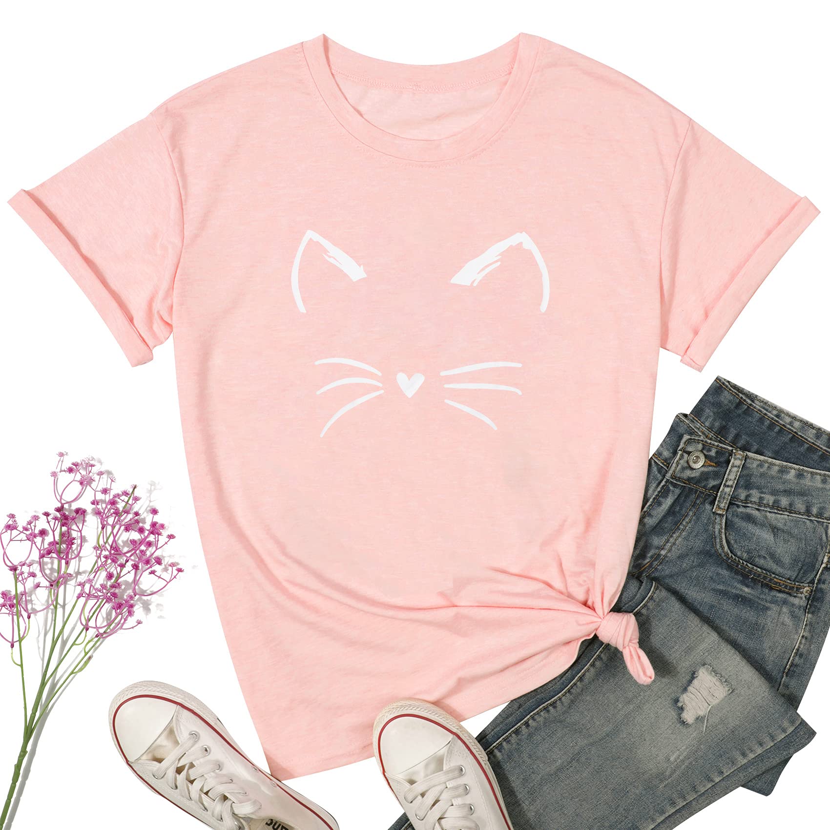 Women's Cute Cat Graphic T-Shirts - Casual Short Sleeve Cat Lover Tees for Mom - Perfect Gift for Cat Owners & Casual Wear