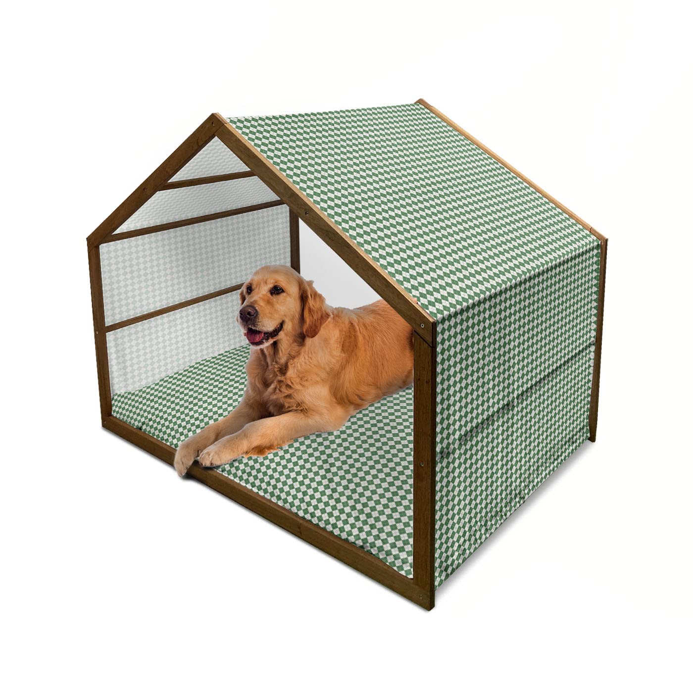Ambesonne Vintage Argyle Checkered Dog House - Traditional Scottish Irish Design Indoor/Outdoor Portable Wooden Dog Kennel with Pillow Cover - 2X-Large Green White - Perfect for Holiday Decor & Pet Comfort