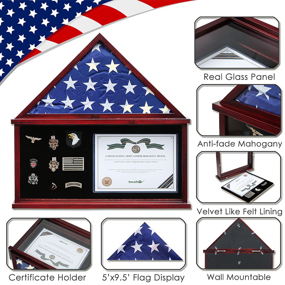 Large Military Shadow Box Flag Display Case - Holds 5'x9.5' Folded Veterans Burial Flag with Certificate Holder & Felt Lining for Medals/Badges - Mahogany Finish - Perfect for Memorials, Funerals & Military Home Decor