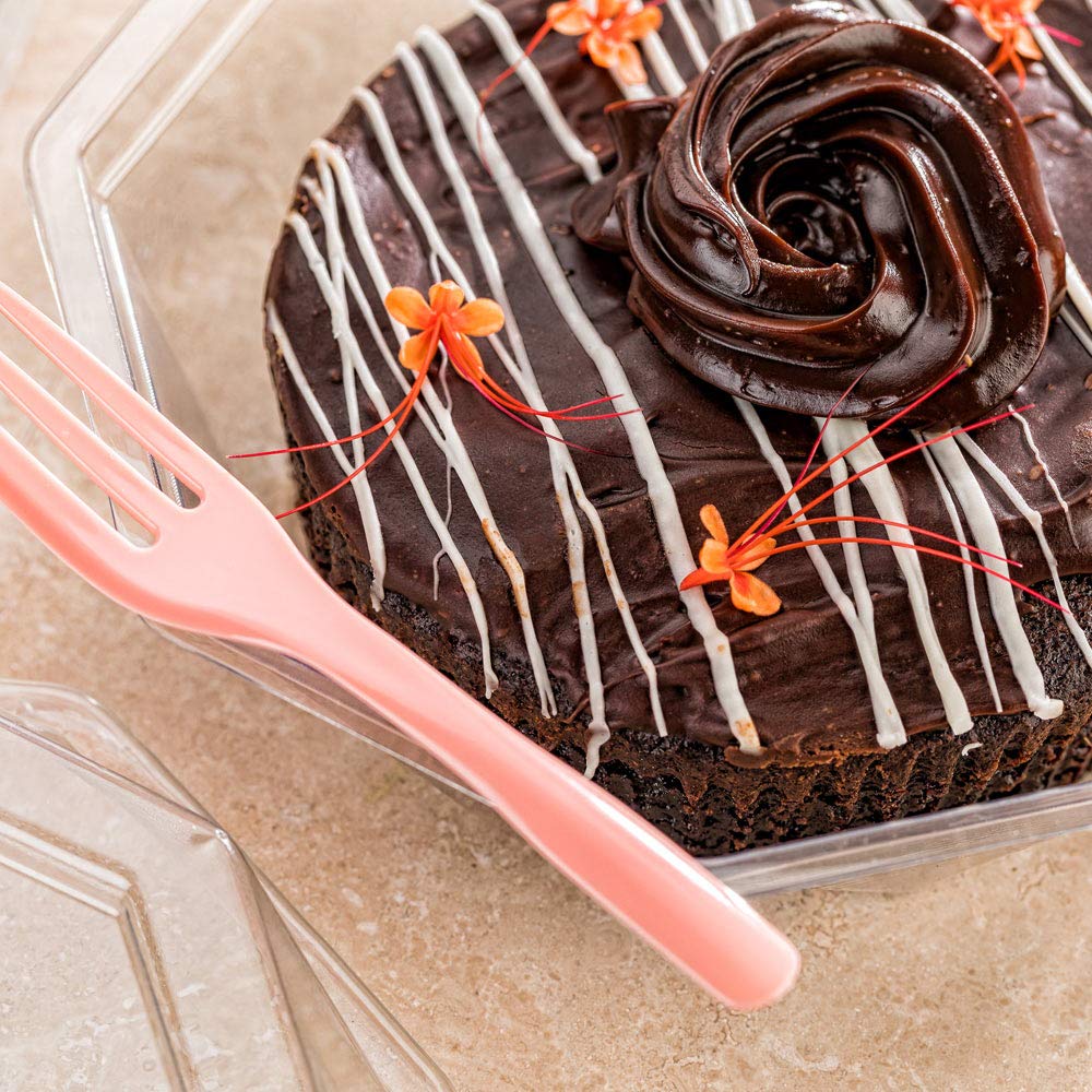 Restaurantware 4 Inch Cake Forks - 100-Pack Premium Knife-Edged Pastry Forks | Disposable Durable Coral Plastic Forks with Sharp Edge for Bakeries, Catering, Parties & Events | Perfect for Wedding Desserts, Birthday Cakes & Buffet Service