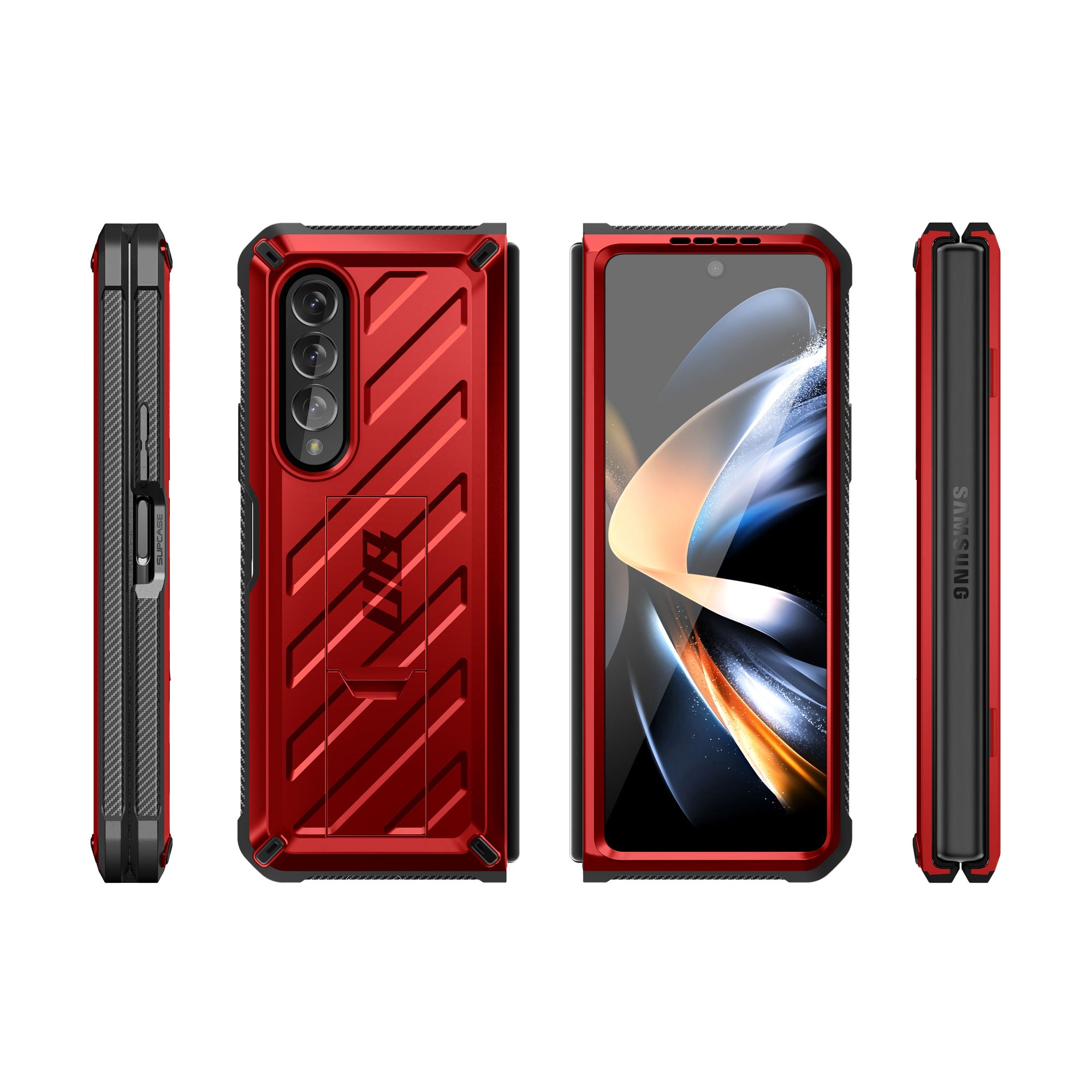 Samsung Galaxy Z Fold 4 Case with Built-in Kickstand & Screen Protector - Shockproof Heavy Duty Cover for Z Fold4 - Metallic Red | Perfect for Work, Travel & Everyday Protection