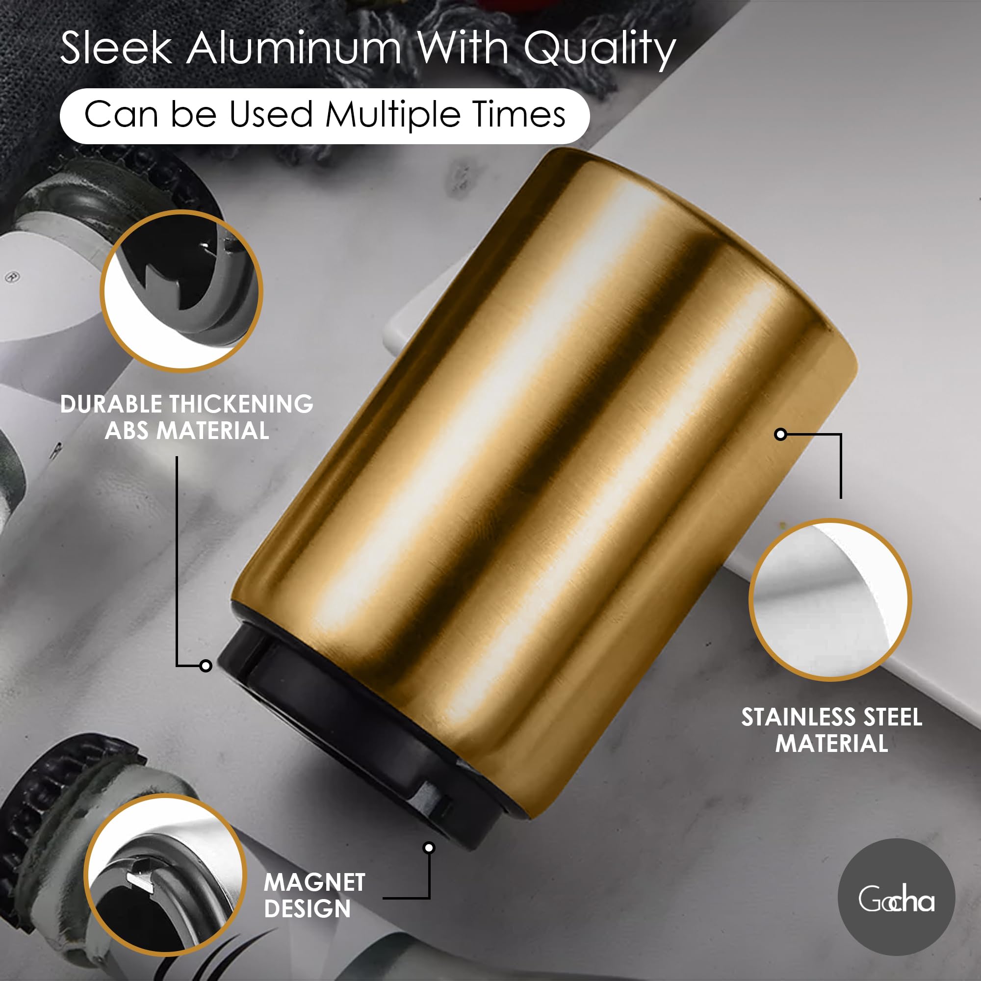 Stainless Steel Magnetic Bottle Opener - Automatic Push & Pull Beer Cap Opener with Magnetic Catcher - Gold (Pack of 1) - Perfect for Home Bars, Parties, Camping & Outdoor Adventures