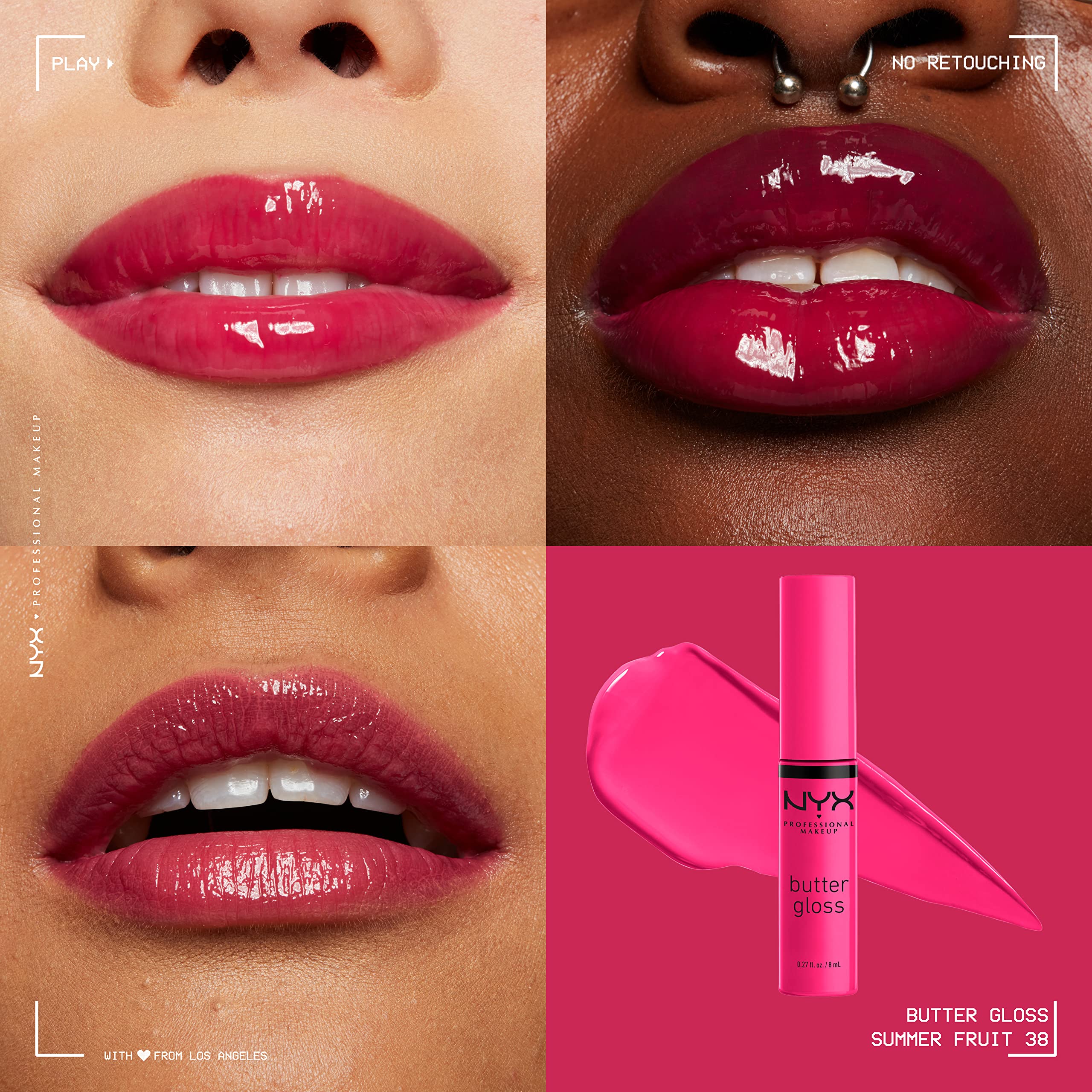 NYX Professional Makeup Butter Gloss - Non-Sticky Lip Gloss in Summer Fruit (Hot Pink) | Hydrating & Shiny Lip Color for Everyday Wear, Date Night & Special Occasions