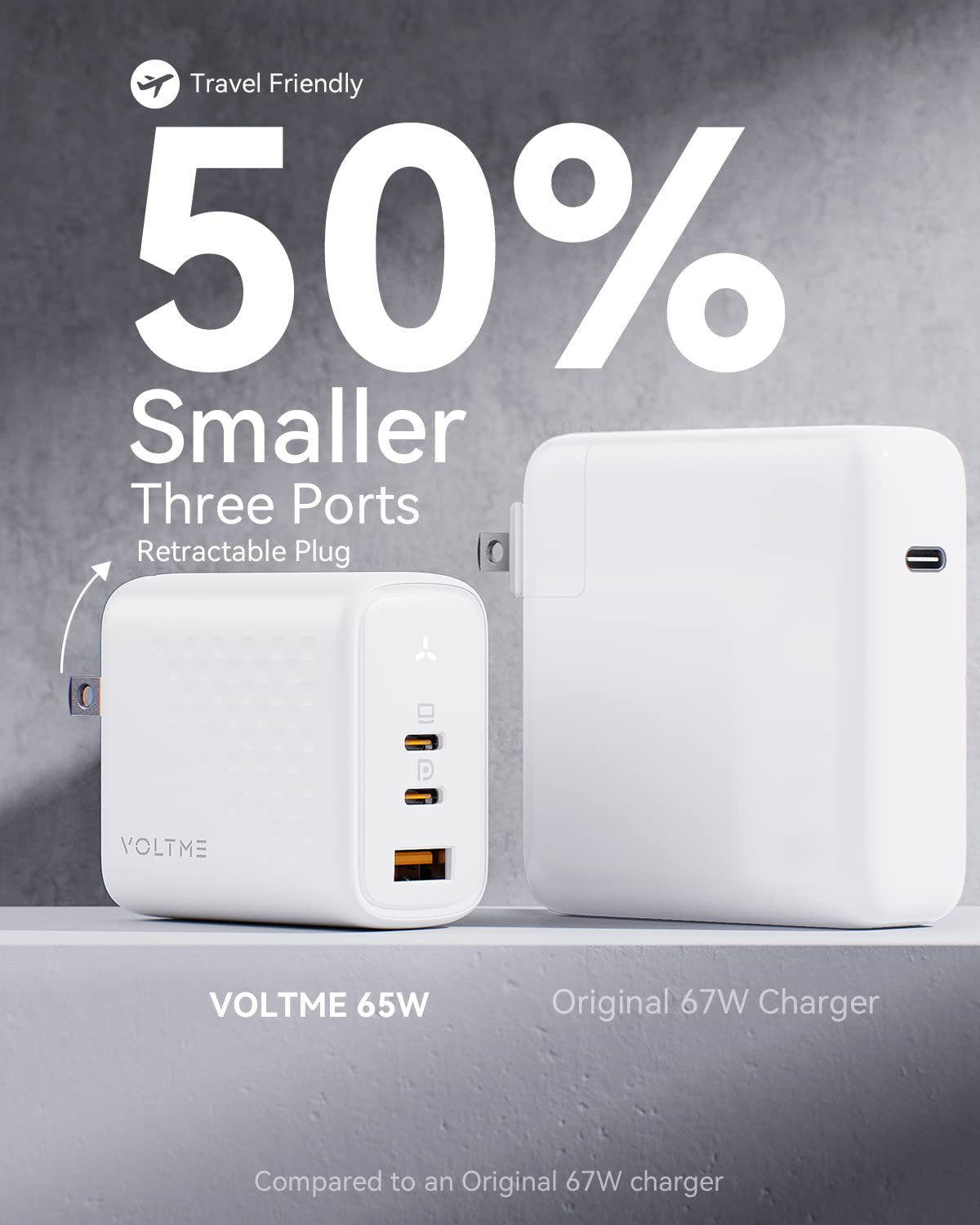 VOLTME 65W GaN III USB C Fast Charger - 3-Port PD PPS Wall Charger for MacBook Pro/Air, Dell XPS 13, iPad Pro, iPhone 16/15/14, Galaxy S24 - Compact Foldable Design for Travel, Home & Office Use