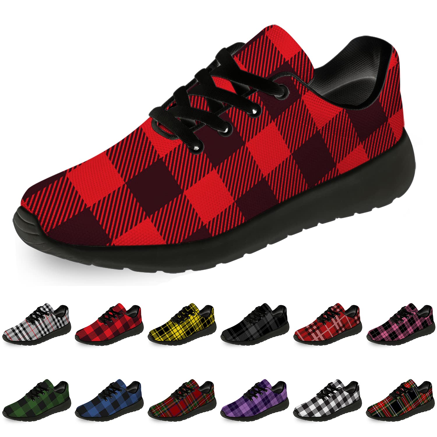 **Men's & Women's Buffalo Plaid Running Shoes - Breathable Walking Tennis Sneakers in Black & Red Tartan Check - Size 10.5 Men/12 Women - Perfect for Jogging, Gym Workouts & Casual Wear**