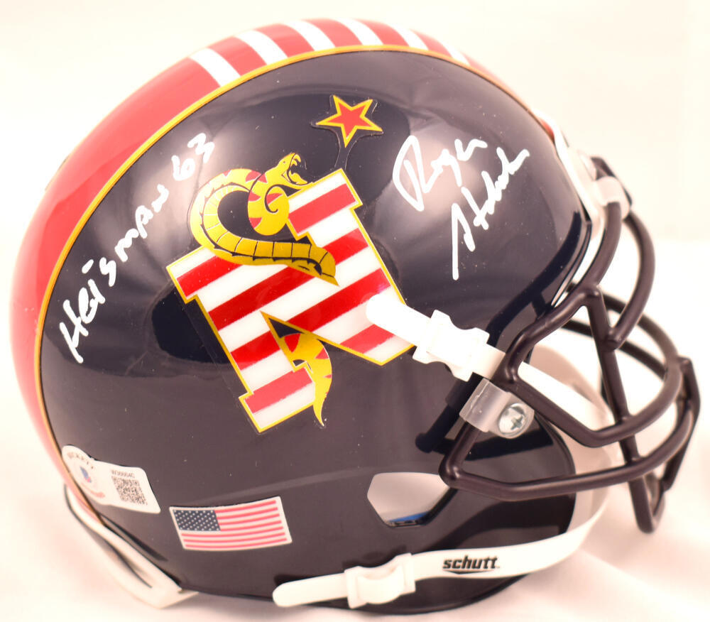 Roger Staubach Autographed Navy Midshipmen Mini Football Helmet - Don't Tread on Me Design with Heisman '63 Inscription - Perfect for Collectors, Sports Memorabilia Displays, and Navy Football Fans