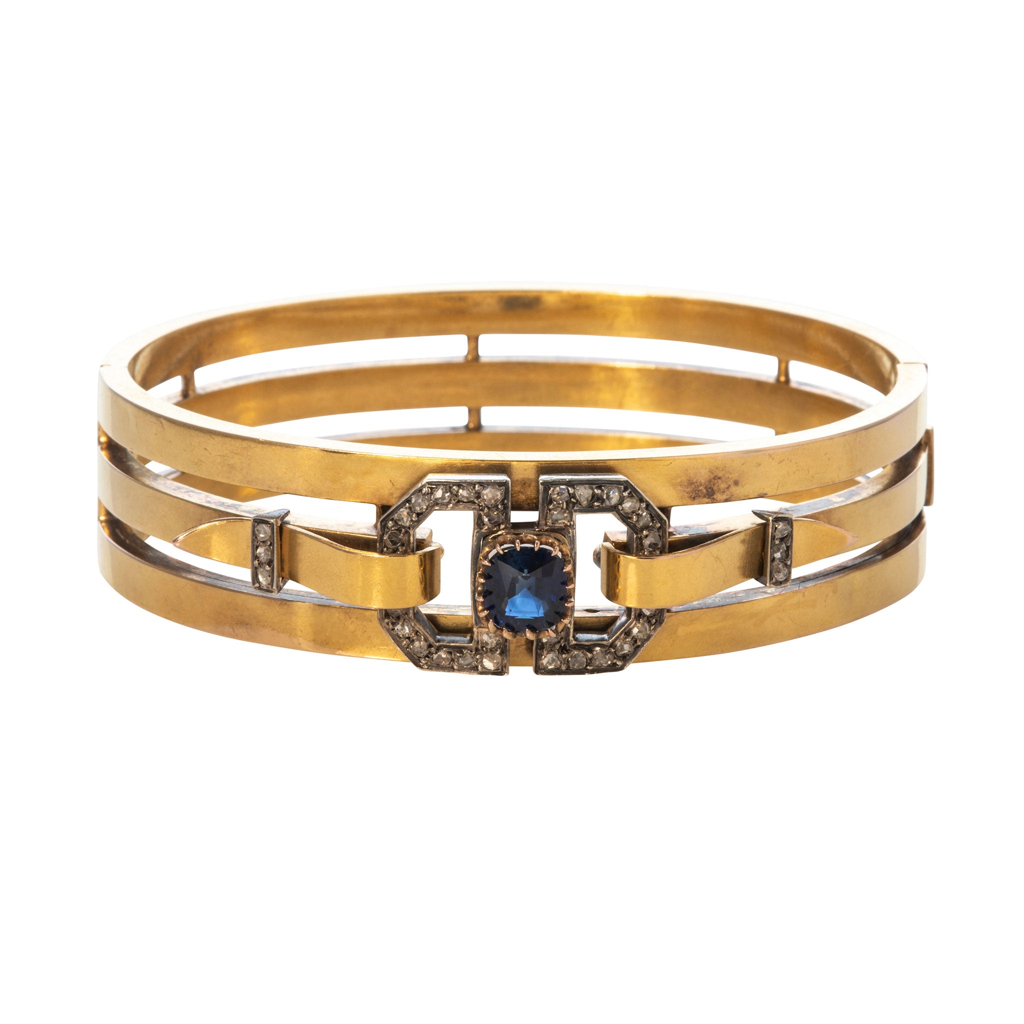 1.48ct Victorian Sapphire & Diamond 18K Gold French Bangle - Elegant Vintage Jewelry for Weddings, Anniversaries & Special Occasions