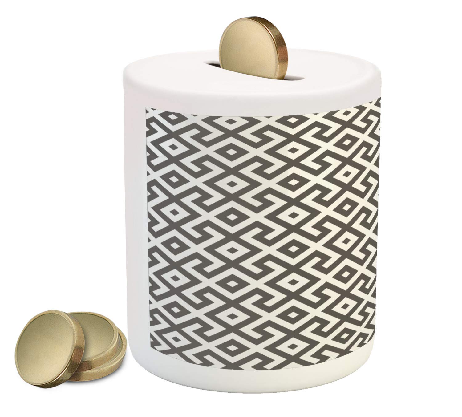 Ambesonne Modern Ceramic Piggy Bank - Geometric Design with White Borders & Antique Lines - Money Saving Coin Bank for Kids & Adults - Perfect for Home Decor, Birthday Gifts & Financial Education