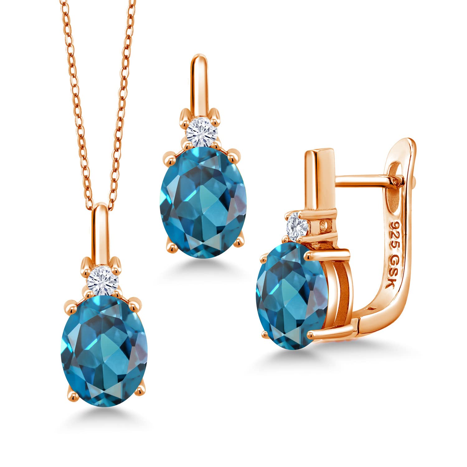 18K Rose Gold Plated Silver Pendant & Earrings Set with Oval London Blue Topaz and Moissanite (6.95 Cttw) - Gem Stone King | Elegant Jewelry for Weddings, Anniversaries & Special Occasions