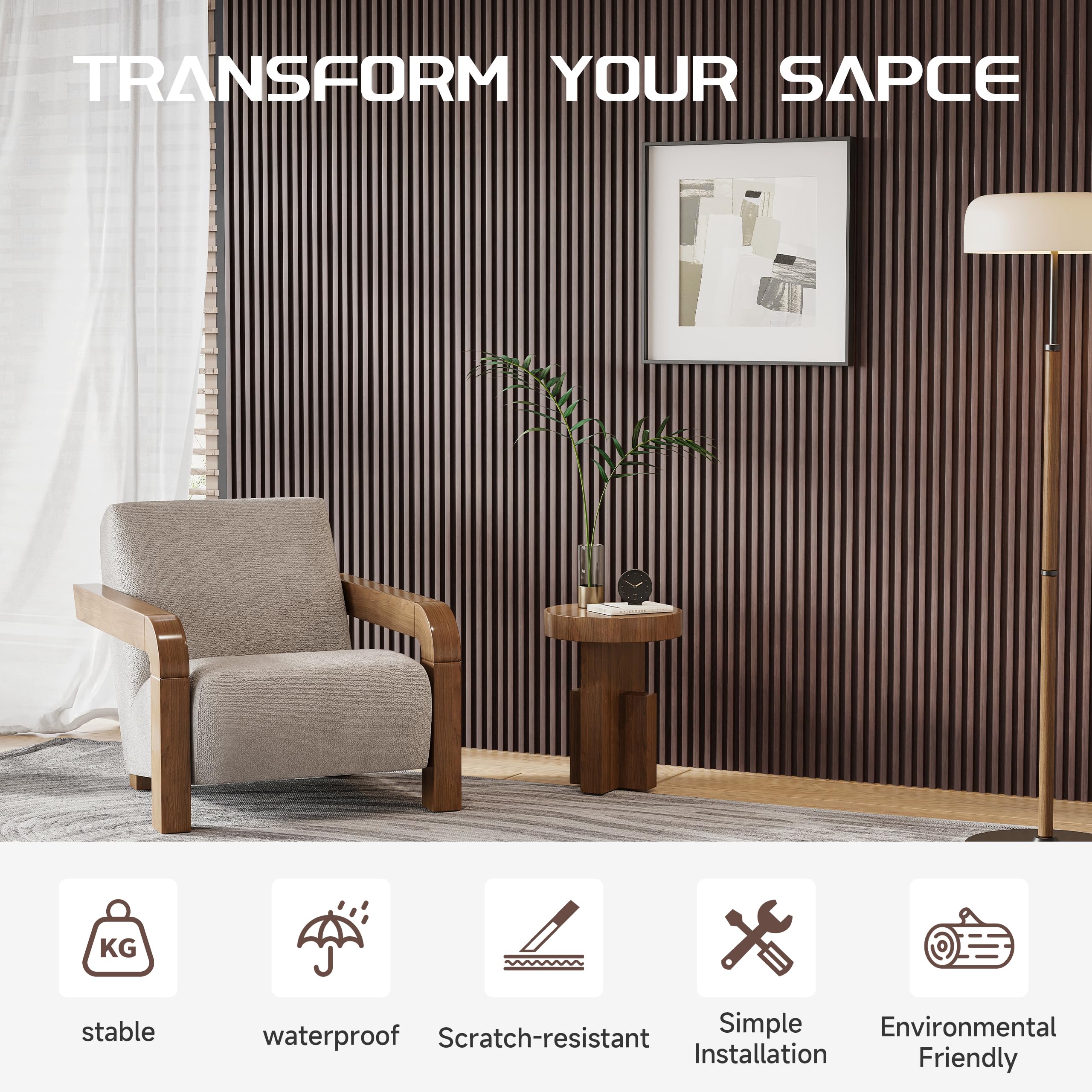 Premium WPC Slat Wall Panels - 8 Pack Modern Wood Slats for Walls & Ceilings | Acoustic Soundproofing Panels | Walnut Finish 95