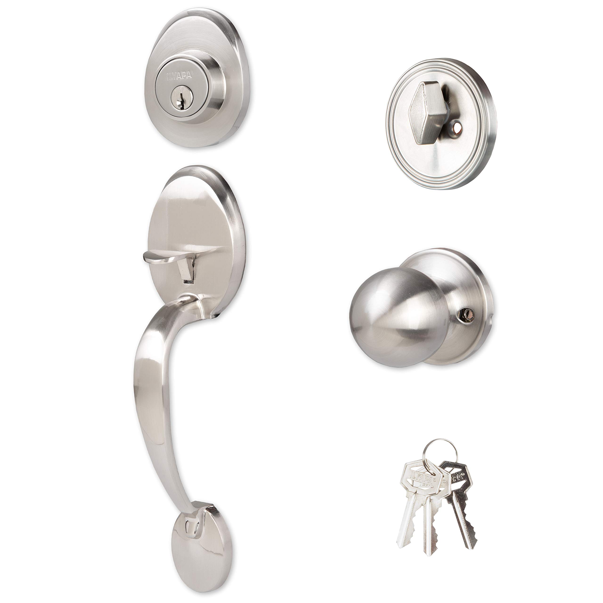 Ilyapa Classic Satin Nickel Front Entry Door Handleset - Low Profile Exterior Door Lock with Single Cylinder Deadbolt & Halifax Lever - Perfect for Home Security & Stylish Entryway Upgrade