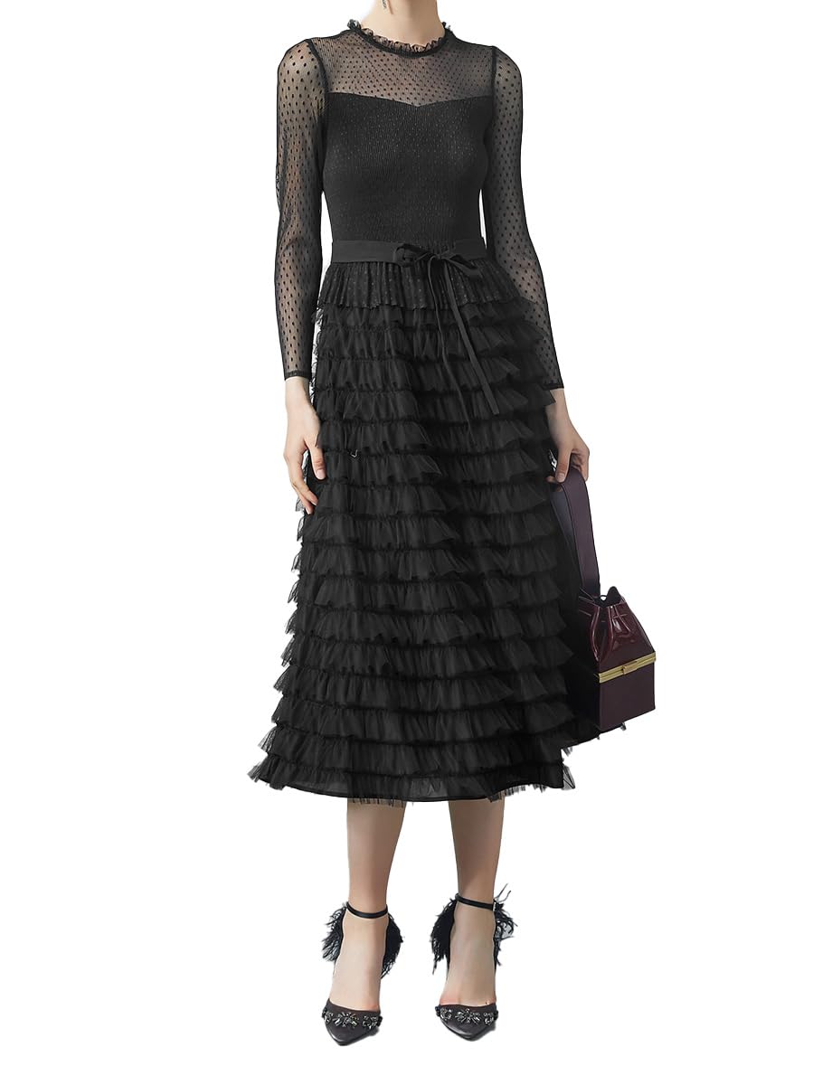 Elegant Women's Long Sleeve Mesh Layered Chiffon Midi Dress for Wedding Guest, Cocktail, Prom & Evening Party - Perfect for Formal Events, Date Nights & Special Occasions