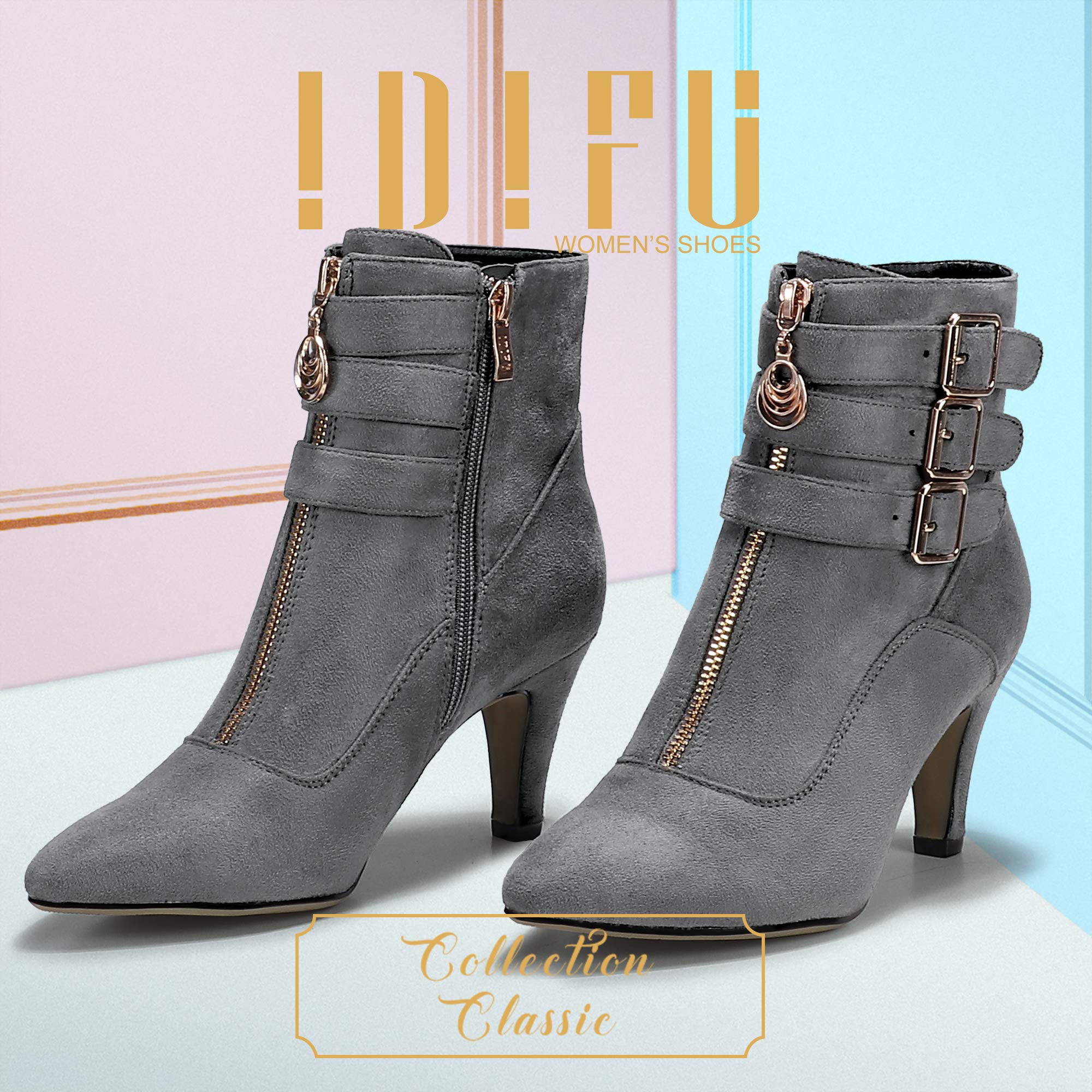 IDIFU Women's 3 Inch Heel Pointed Toe Ankle Boots with Buckle Strap & Side Zipper - Stylish Dress Boots for Work, Party & Jeans Outfits