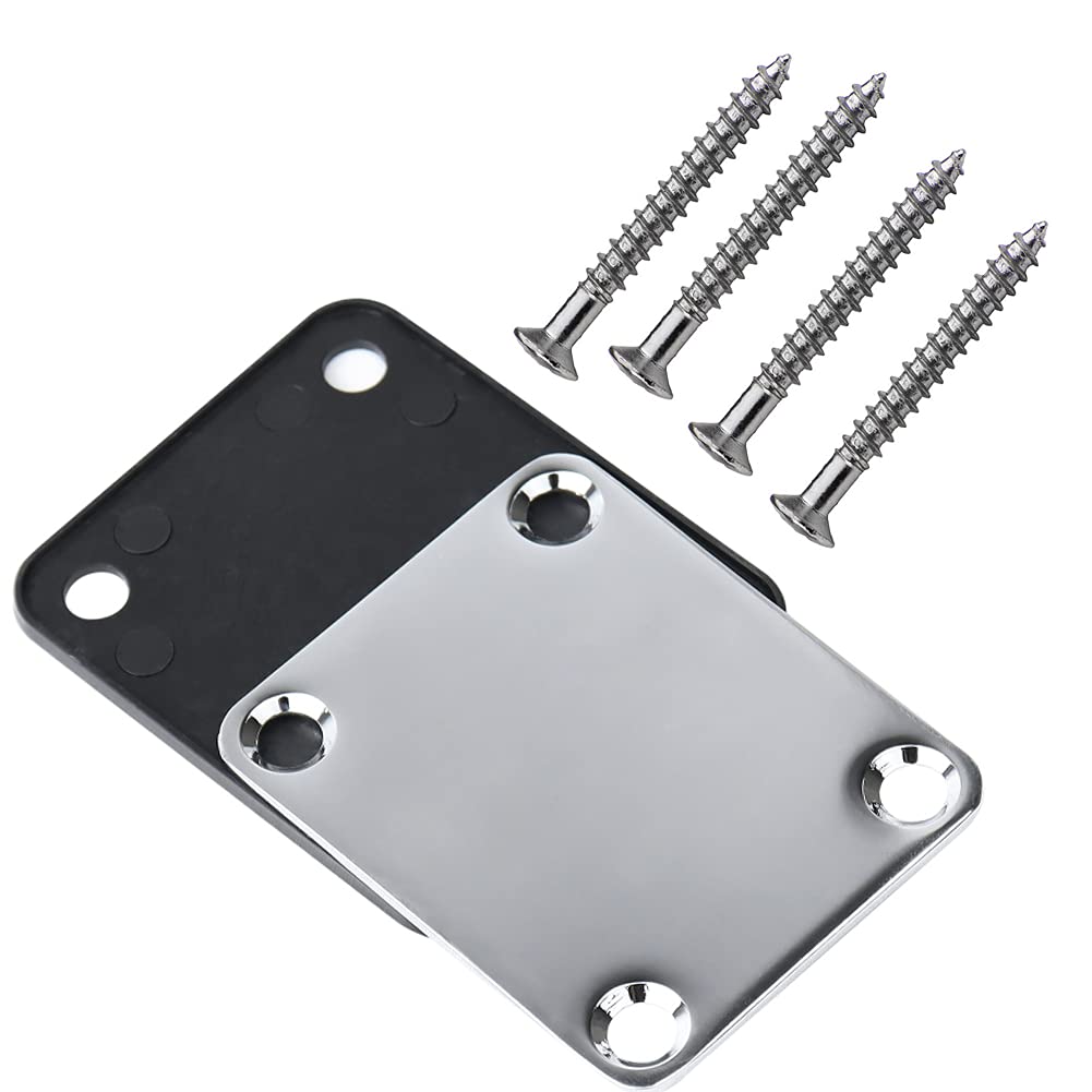 Electric Guitar Neck Plate 4-Hole with Screws - Silver Replacement Part for Fender Stratocaster & Bass Guitars | Perfect for DIY Repairs & Upgrades