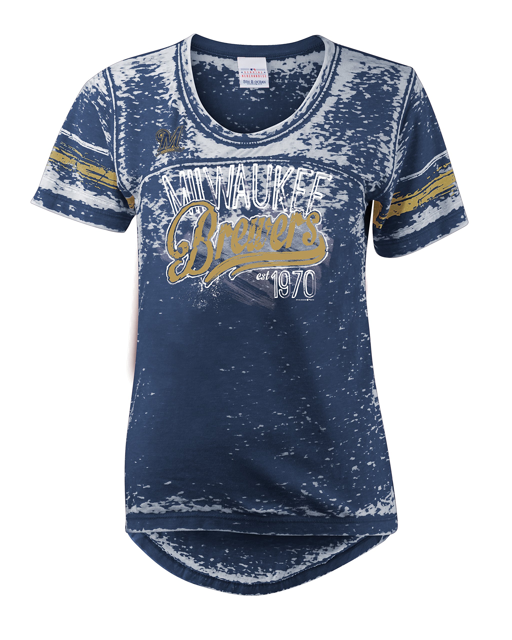 5th & Ocean MLB Milwaukee Brewers Burnout Wash Wide Crew Neck Jersey - Authentic Baseball Fan Apparel for Games & Casual Wear