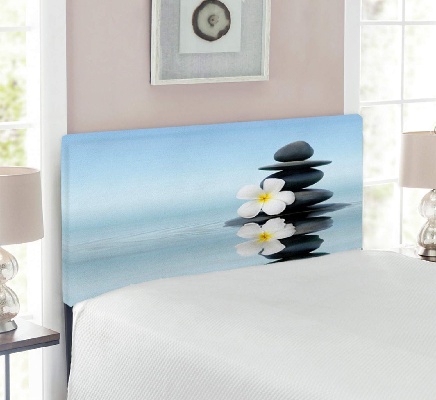 Ambesonne Spa Headboard with Hot Massage Stones - Twin Size Upholstered Decorative Metal Bed Headboard with Memory Foam, Frangipani Plumeria Water Reflection Design in Pale Blue & Grey - Perfect for Bedroom Relaxation & Home Spa Experience