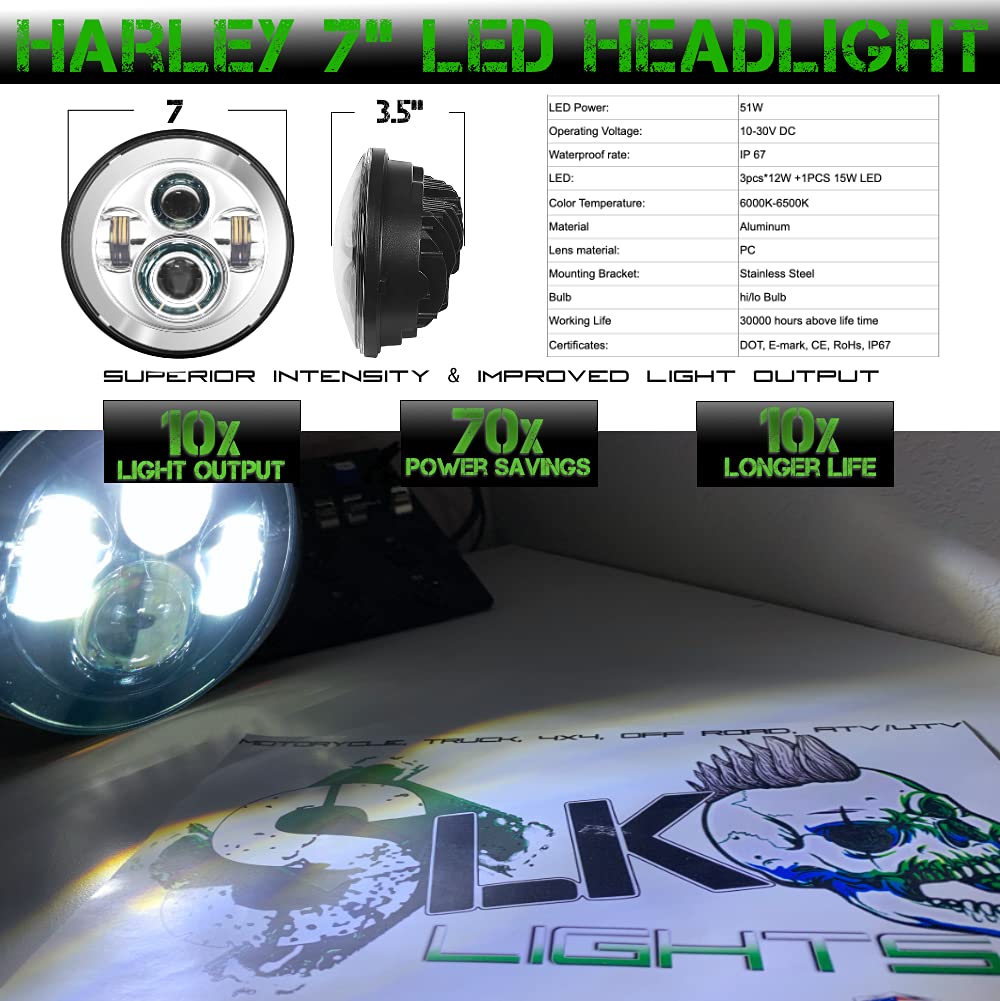 SLK-Customs 7 Inch LED Headlight & Fog Light Kit - DOT Approved Chrome Ring Lights for Harley Davidson Touring, Road King, Ultra Classic, Electra Glide, Street Glide, Heritage Softail, Slim, Deluxe & Fatboy - Perfect for Night Riding & Enhanced Visibility